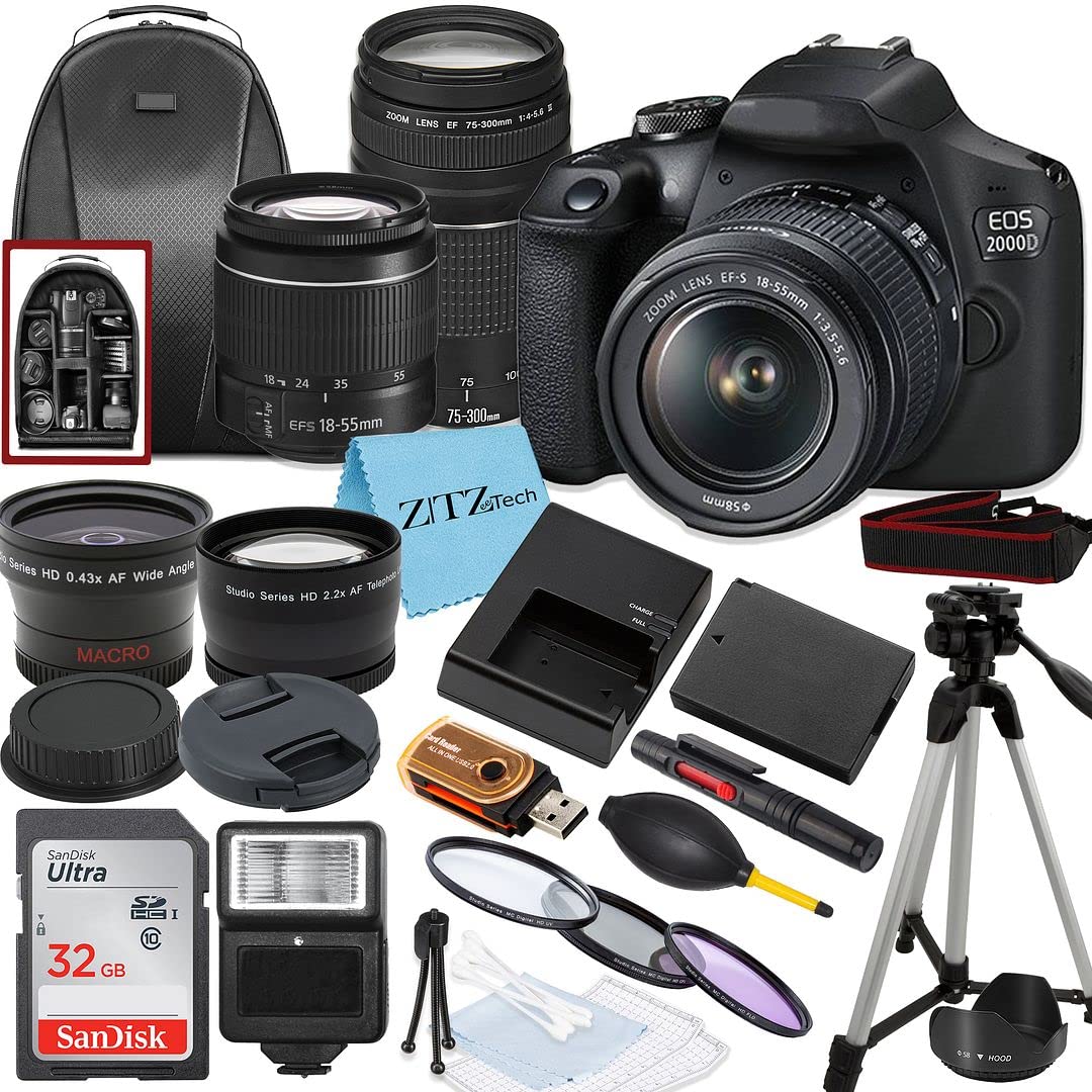 Canon EOS 2000D / Rebel T7 DSLR Camera with 18-55mm & 75-300mm Lens Kit | ZeeTech Accessory Bundle Includes SanDisk 32GB Memory Card, Tripod, Case & Wide Angle Lens | Perfect for Travel Photography, Vlogging & Beginner Photographers