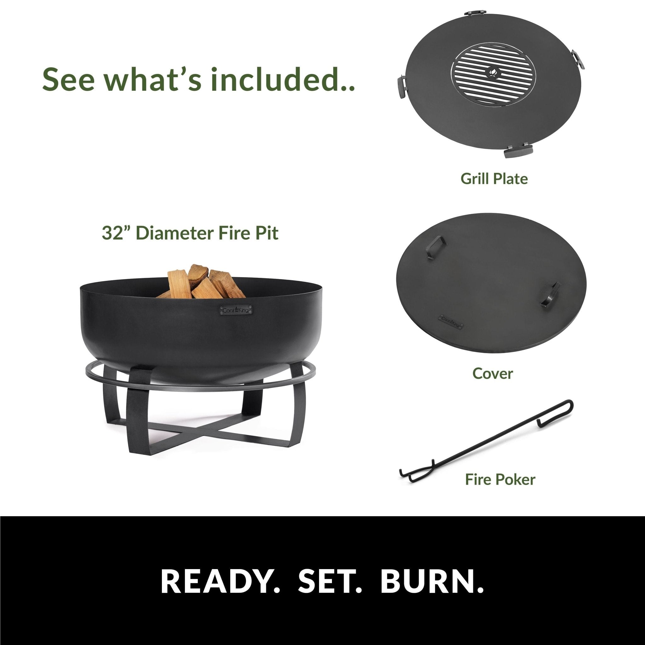 Viking 32 Inch XXL Outdoor Fire Pit with Removable Grill Plate & Weatherproof Cover - Perfect for Backyard Camping, BBQ Parties & Patio Gatherings