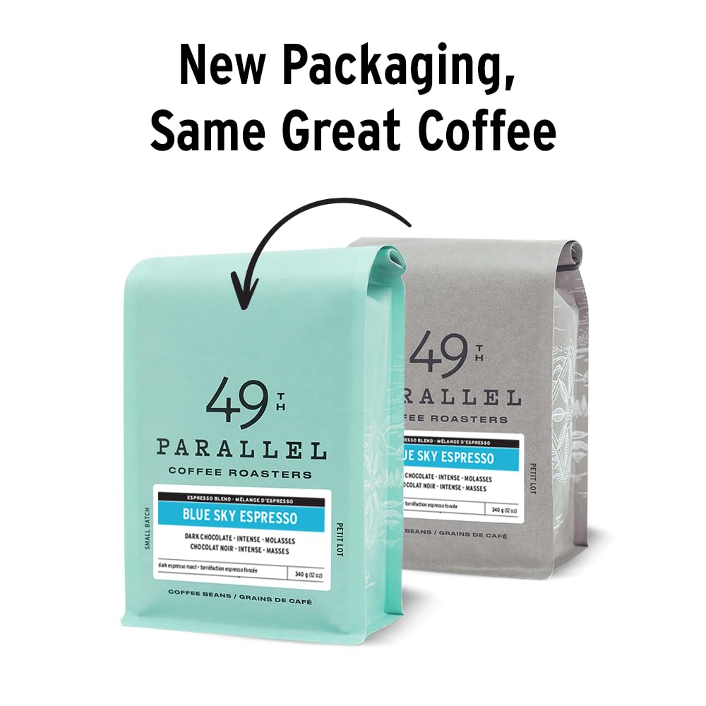 49th Parallel Coffee Roasters - Blue Sky Espresso Roasted Coffee Beans, 12oz Bag | Premium Whole Bean Coffee for Espresso Machines & French Press | Perfect for Home Brewing & Office Use