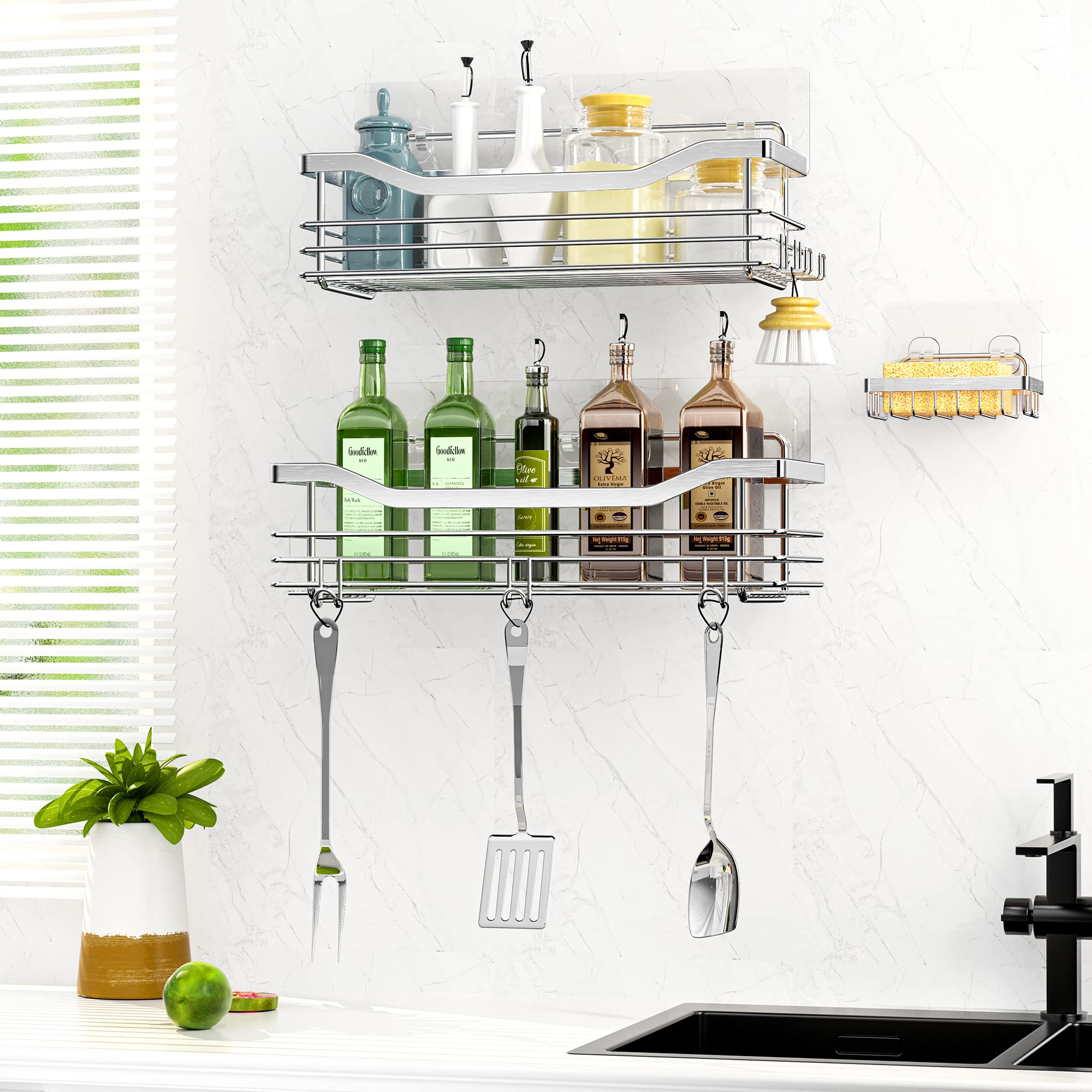 Orimade Stainless Steel Shower Caddy with 5 Hooks - Rustproof SUS304 Bathroom Organizer, Soap Dish Holder & Wall Mounted Shelf - No Drilling Adhesive - Perfect for Shower, Kitchen & Bathroom Storage (3 Pack)