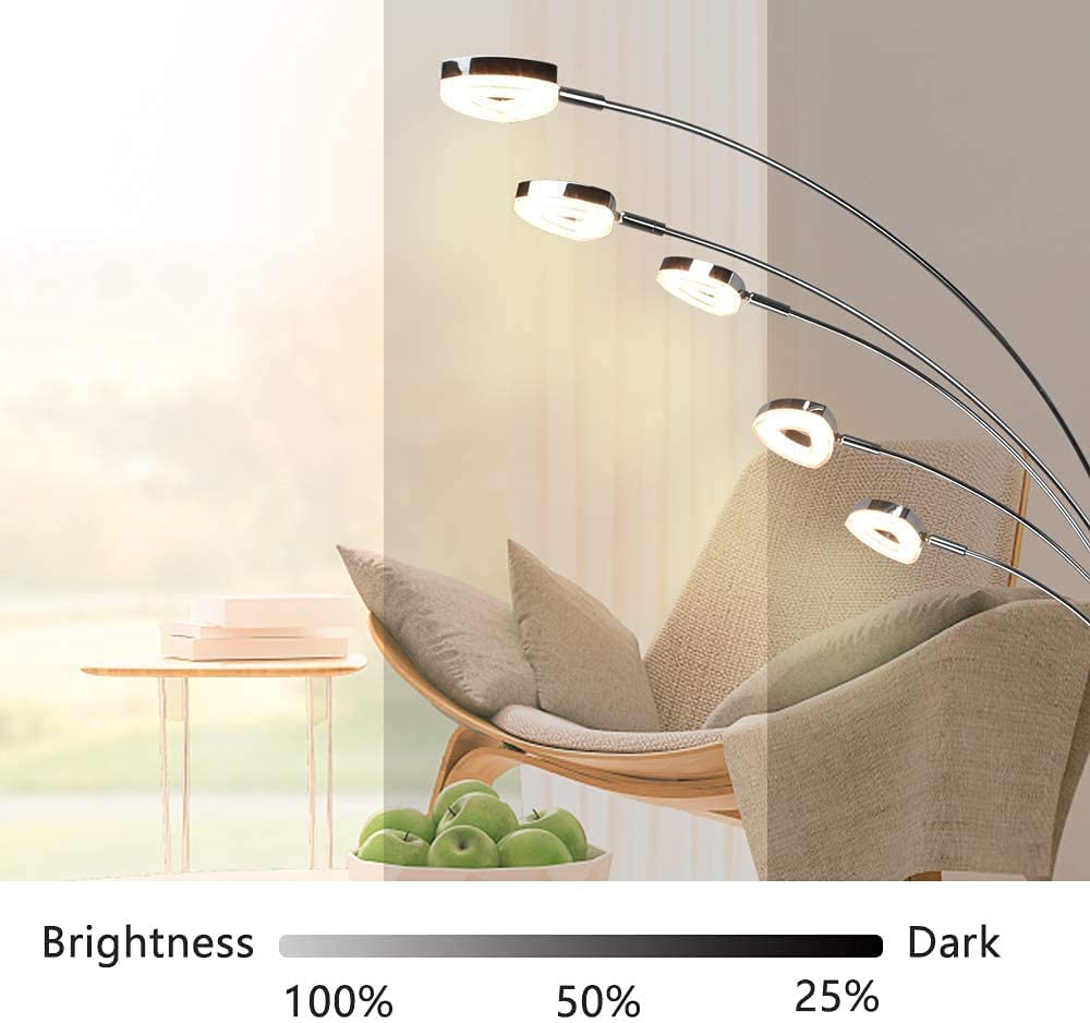 DLLT 5-Head Adjustable Arc Floor Lamp - Modern Spider Design with 5 Flexible Arms, 3 Brightness Levels (Warm White) - Silver Standing Light for Living Room, Bedroom & Office - Perfect for Reading, Working & Ambient Lighting