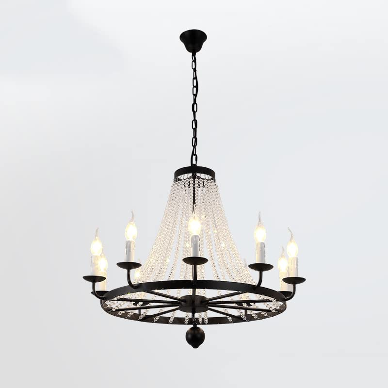 DAPERCI Vintage Industrial Chandelier - Black Metal Ceiling Light Fixture with Crystal Bead Strands, Rustic Candle Style (8/10/12-Light Options) - Perfect for Dining Room, Living Room, Bedroom or Entryway Lighting