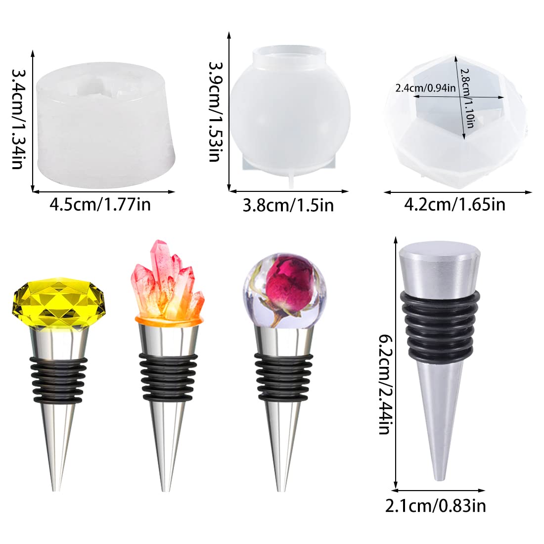 Voyyphixa 3-Piece Resin Wine Stopper Molds with 4 Stoppers - Silicone Bottle Stopper Molds for Epoxy Casting, Geometric Sphere Crystal Cluster Diamond Molds - Perfect for DIY Crafts, Wine Lovers & Home Decor