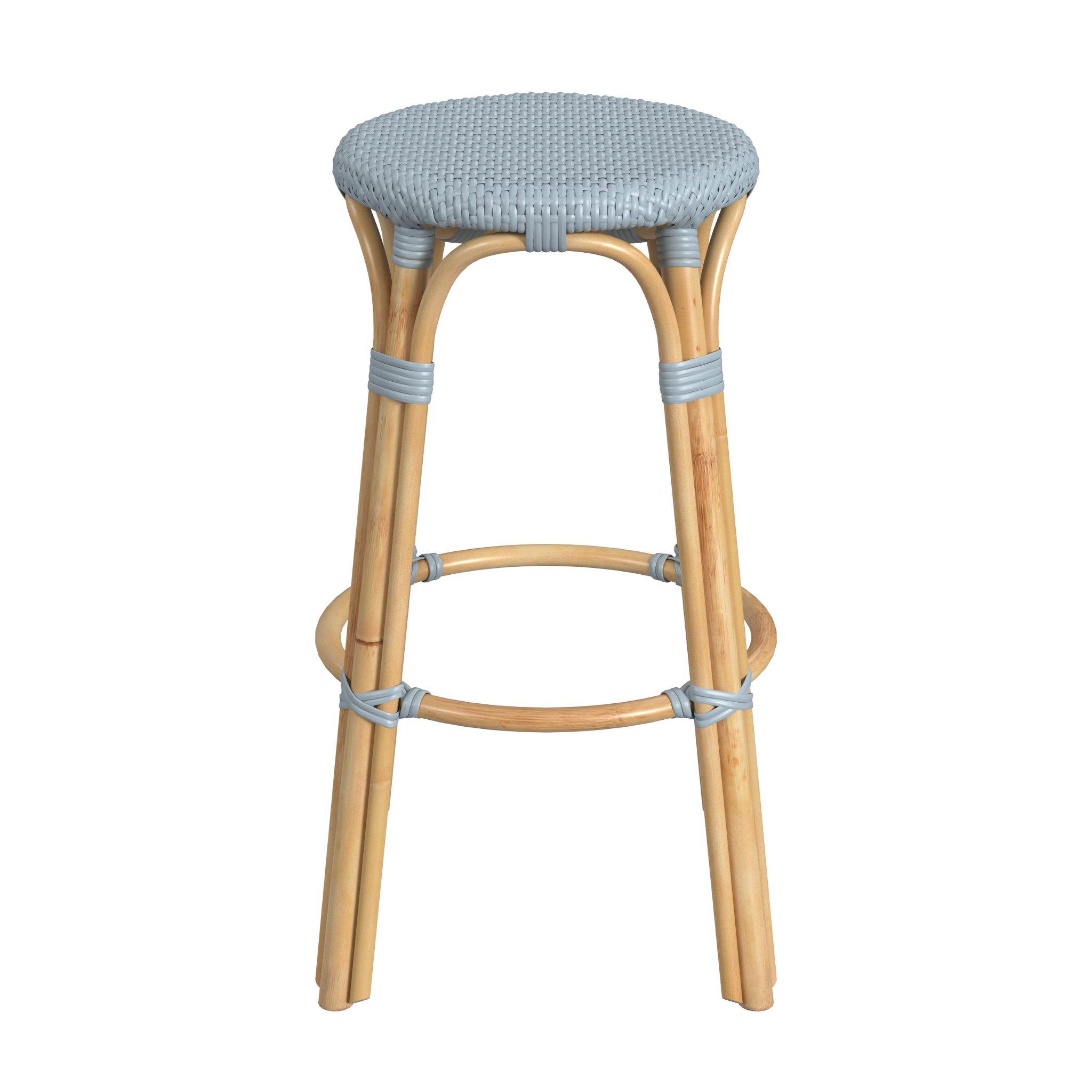 Stylish Baby Blue Rattan Bar Stool with Woven Seat - Perfect for Kitchen Islands, Breakfast Nooks & Outdoor Dining Areas