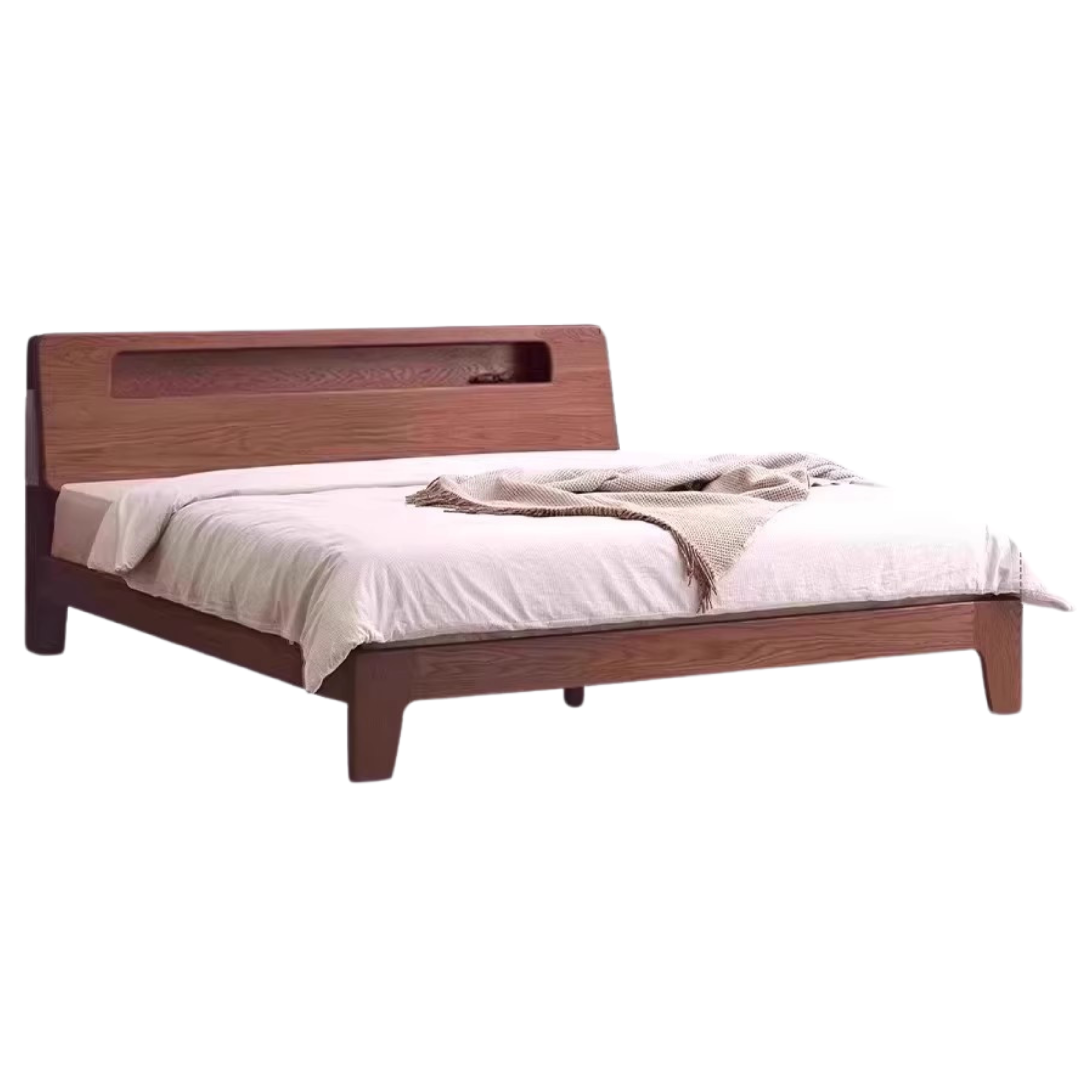 Solid Oak and Beech Wood Bed with Built-in LED Lights and Bookshelf - Modern Bedroom Furniture for Small Spaces, Lofts, and Studio Apartments