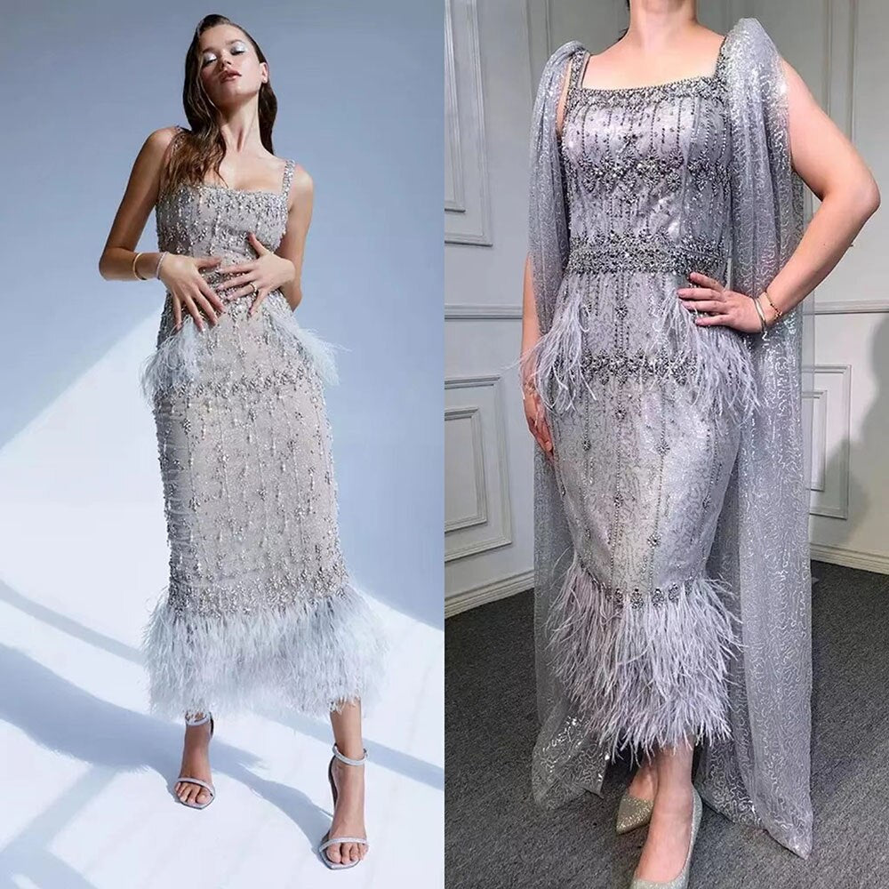 Elegant Grey Mermaid Evening Dress with Beading & Feather Details - Sexy High-Leg Split Formal Gown for Women | Perfect for Prom, Cocktail Parties & Special Occasions