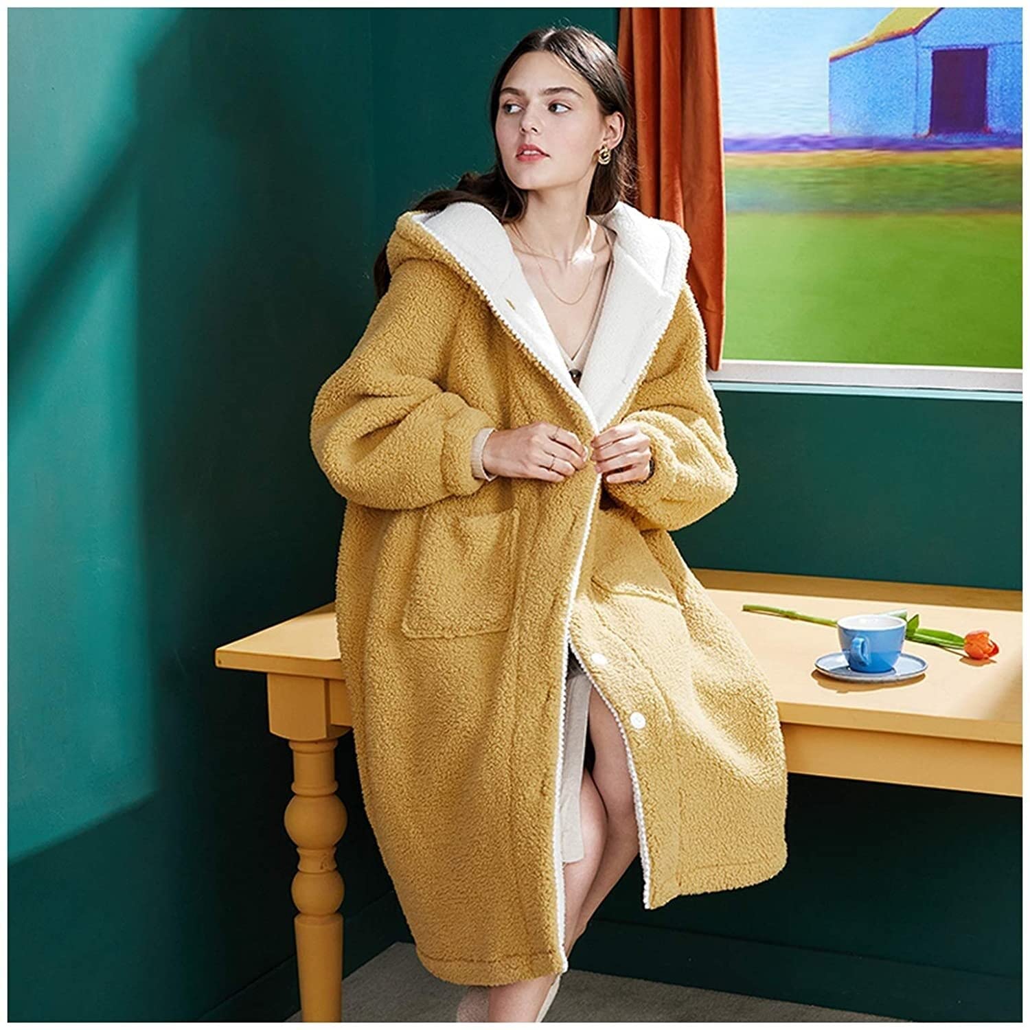 Premium Plush Coral Fleece Bathrobe for Women & Men - Soft Long Robe with Hood, Warm Fleece Dressing Gown for Spa, Lounge & Home Relaxation (Primrose Yellow, X-Large) - Perfect Gift for Couples & Holidays