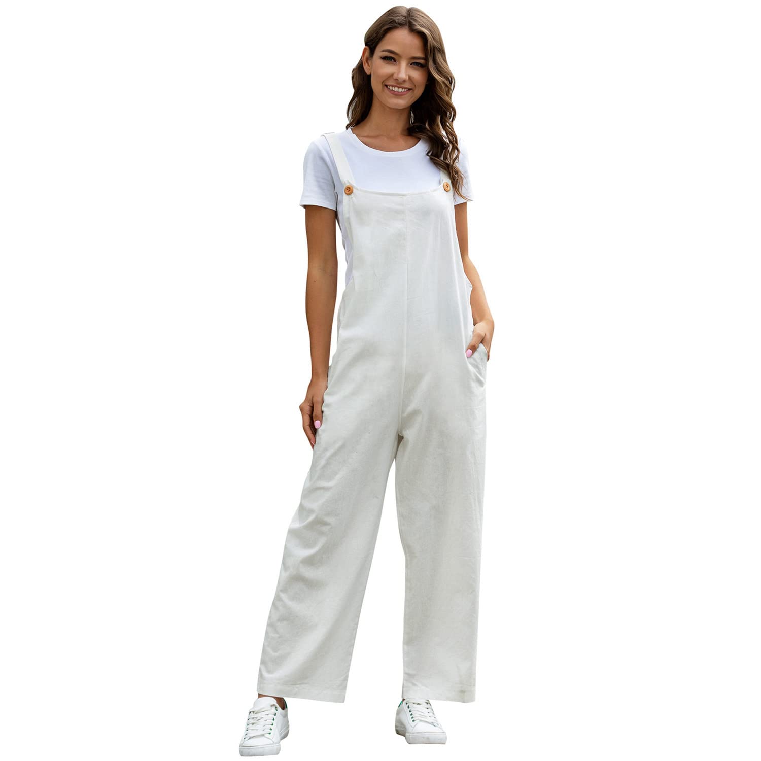 Women's Adjustable Strap Cotton Romper Jumpsuit - Summer Casual Loose Fit Overalls with Pockets, Long Bib & Wide Leg Pants | Perfect for Beach Outings, Picnics, and Everyday Wear