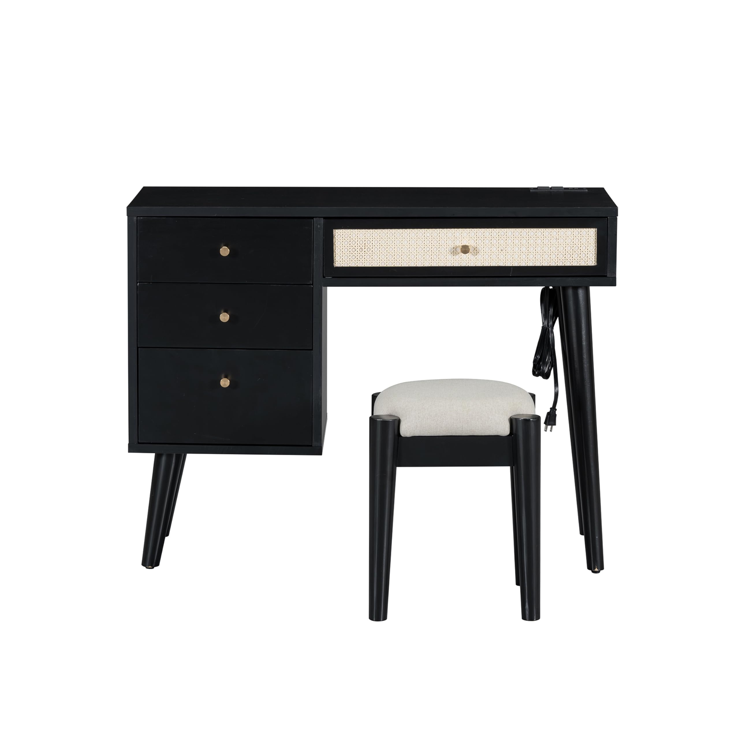 HABITRIO 3-Piece Full Size Bedroom Set - Platform Bed Frame, Nightstand & Makeup Vanity with Stool in Black | Modern Bedroom Furniture for Small Spaces, Guest Rooms & Apartments