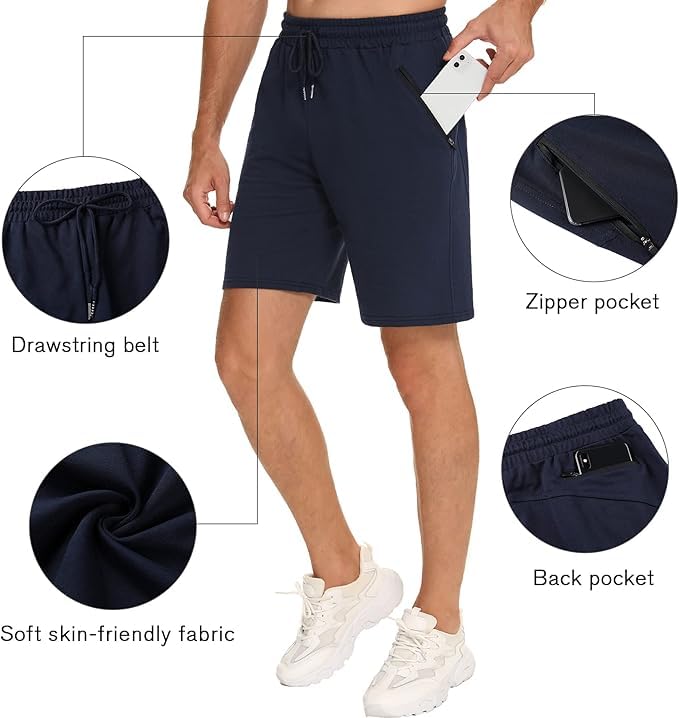 Wayleb Men's Running Shorts with Zipper Pockets - Breathable Cotton Workout Shorts, Elastic Waist Gym Athletic Shorts for Summer Training - 3 Inch Inseam, XXL, Black - Perfect for Jogging, Gym & Outdoor Sports