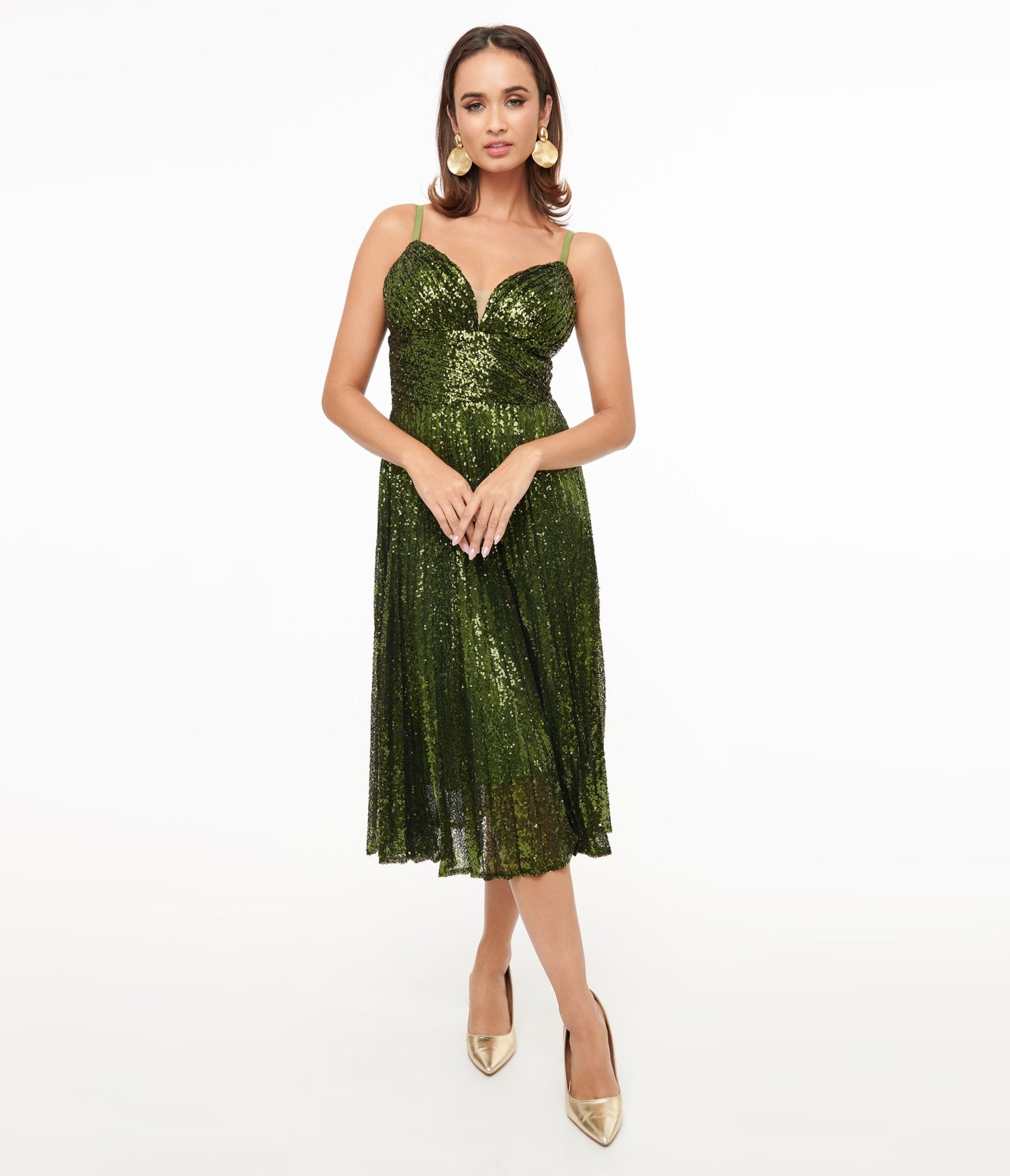 Vintage 1950s Emerald Green Sequin Pleated Swing Dress - Retro Cocktail Party, Holiday Formal, Pinup Costume, Gatsby Themed Event Outfit
