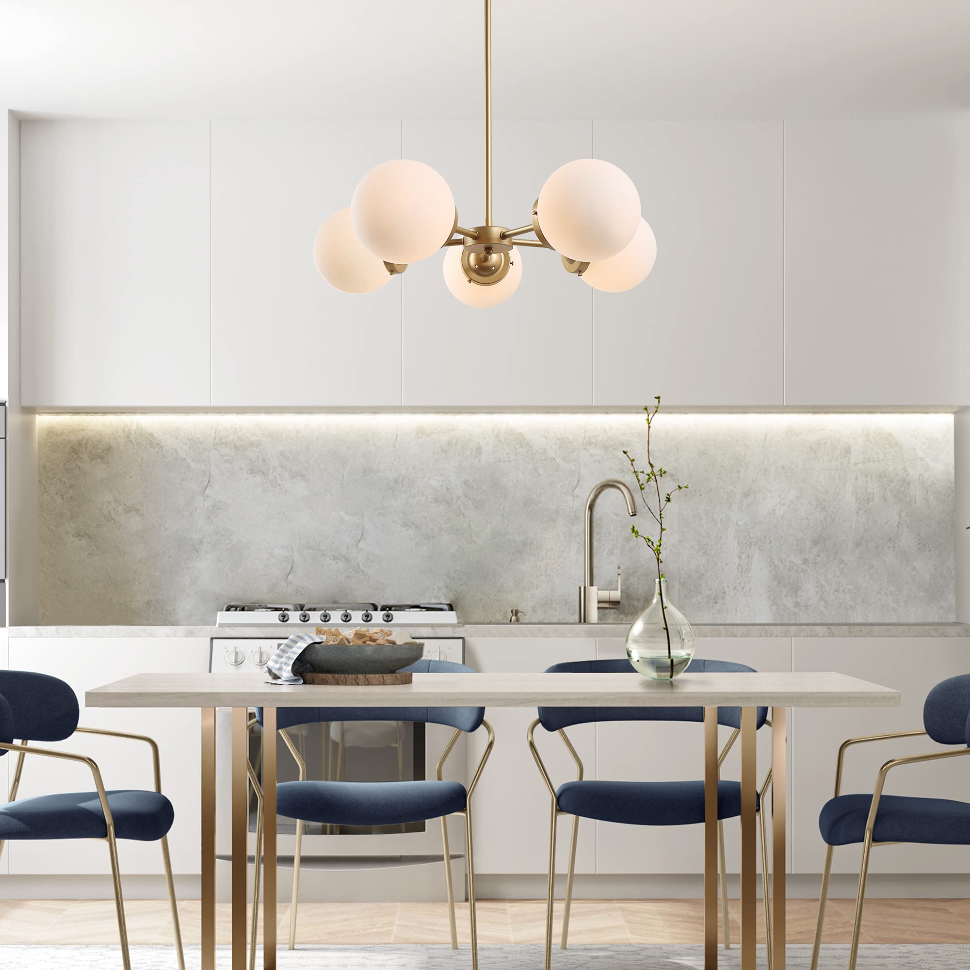 Modern Gold Chandelier Lighting Fixture - 5-Light Globe Design with Frosted Glass Shades for Dining Room, Bedroom, Foyer & Kitchen | Elegant Ceiling Light for Home Decor & Interior Design