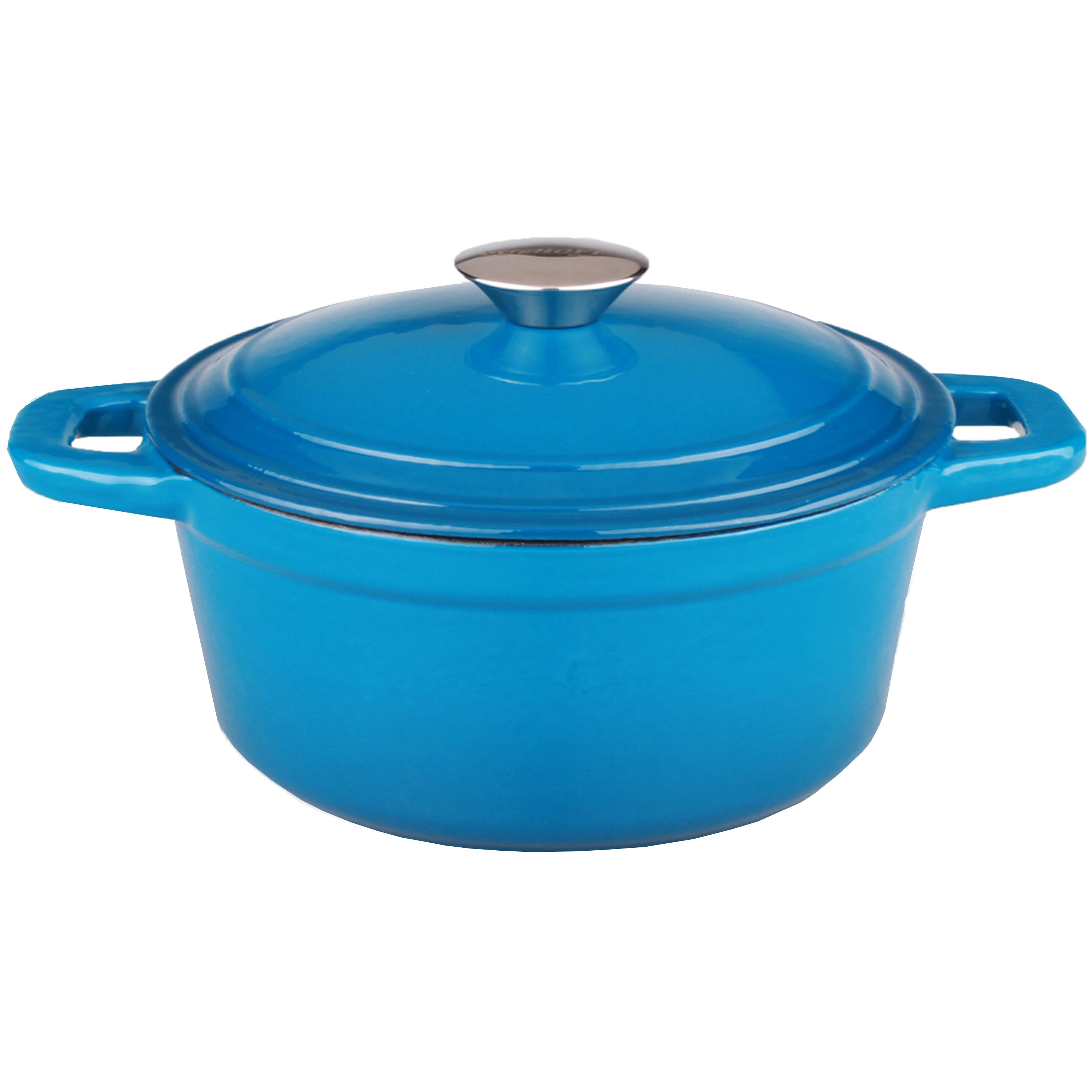 BergHOFF Neo 5-Piece Cast Iron Cookware Set with Slotted Steak Press - Blue Enameled Dutch Oven & Skillet - Perfect for Searing, Braising & Grilling Steaks at Home