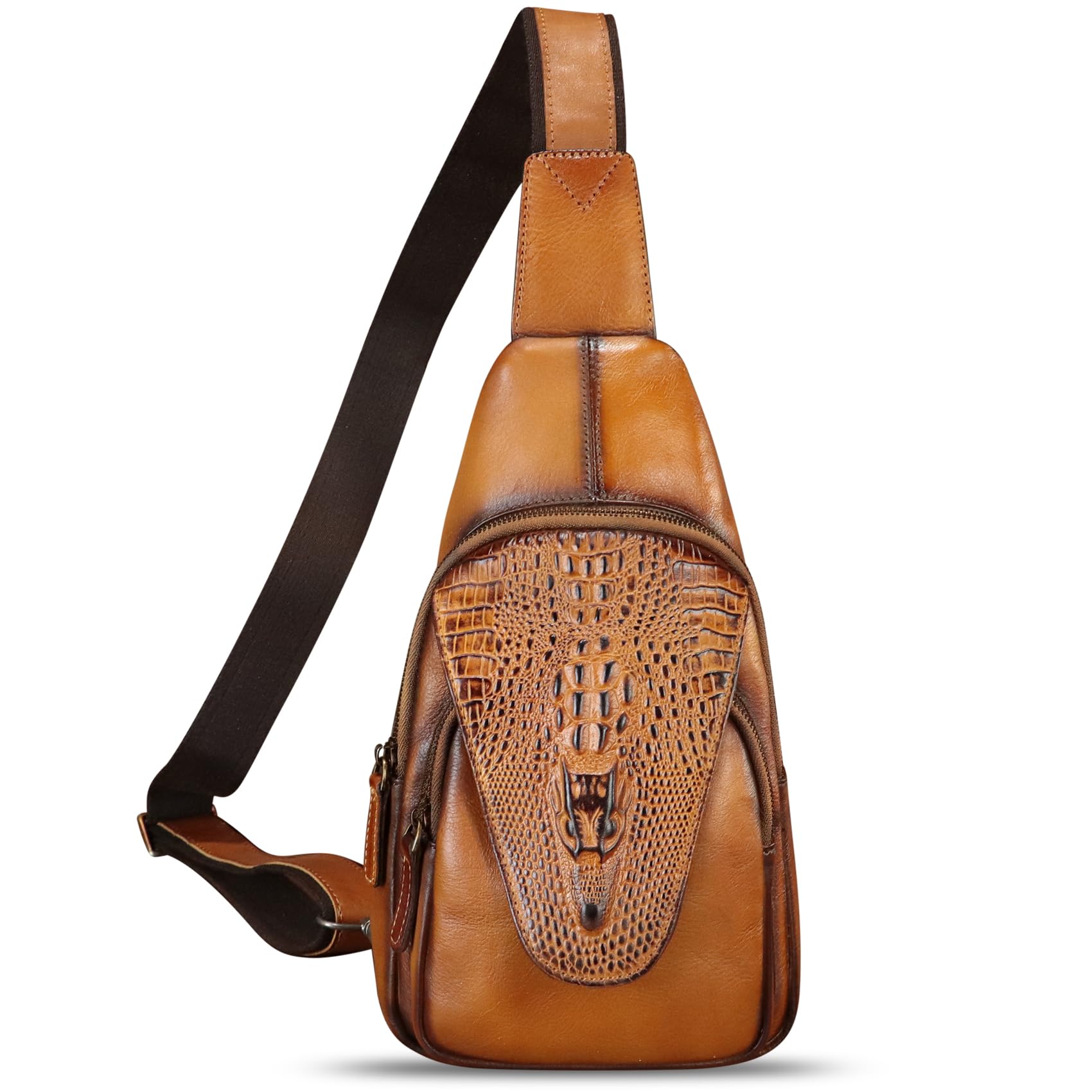 Genuine Leather Sling Bag - Embossed Crocodile Pattern Crossbody Backpack - Handmade Chest Purse Daypack for Men & Women (Brown) | Perfect for Travel, Work & Everyday Use