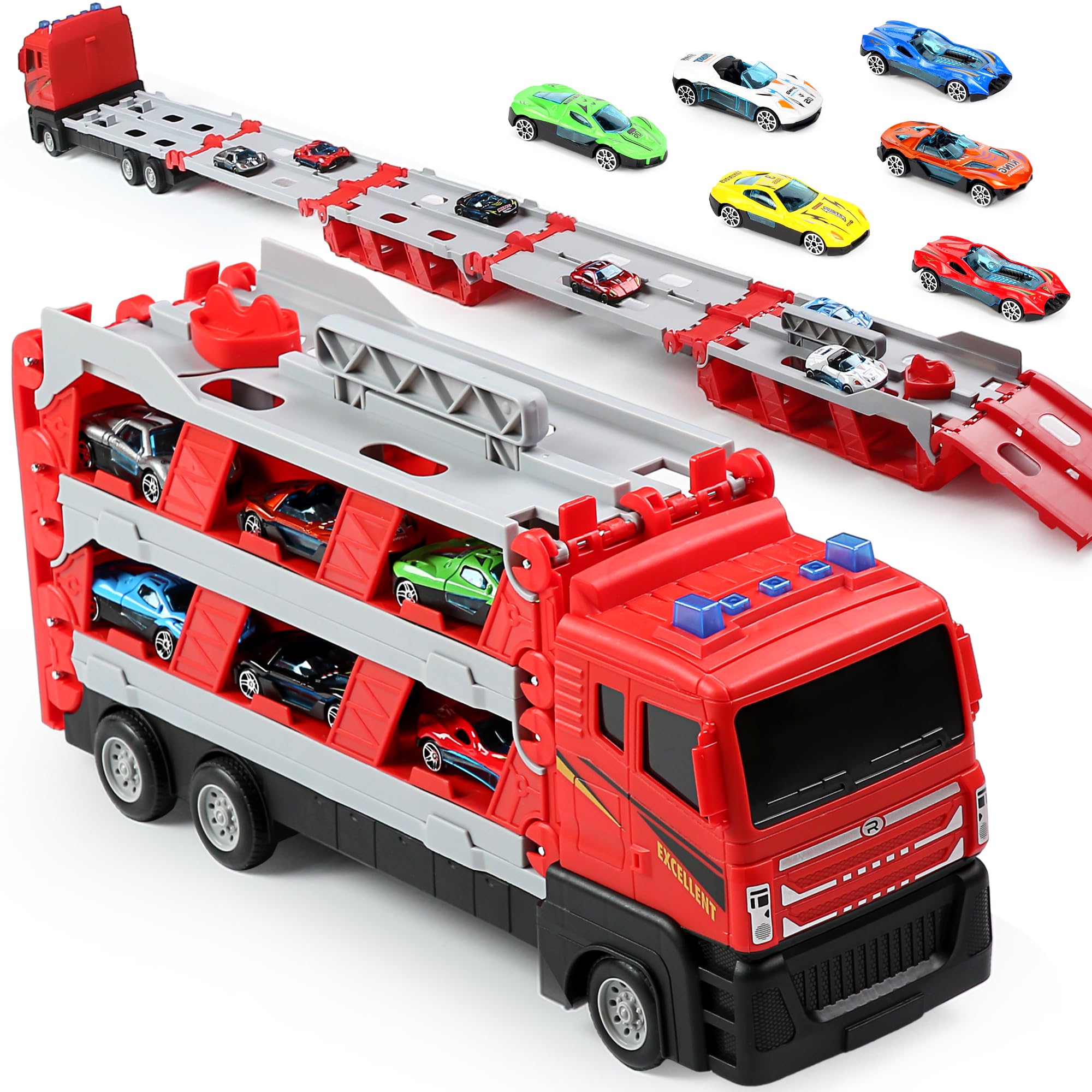 64-Inch Catapulting Racing Track Toy Trucks Set with 6 Metal Cars & Storage - Foldable Truck Toys for Boys & Girls Ages 2-8 - Perfect Gift for Toddlers & Kids (Indoor Play, Birthday Presents, STEM Learning)