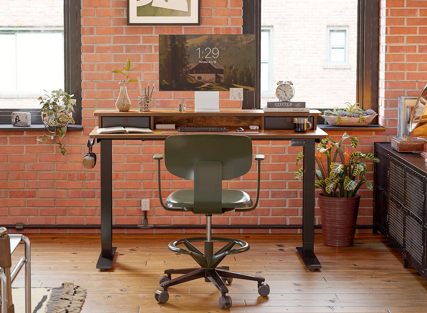 FEZIBO 55 x 24 Inch Electric Standing Desk with Double Drawers & Storage Shelf - Height Adjustable Sit Stand Workstation, Black Frame & Rustic Brown Top for Home Office, Gaming & Study
