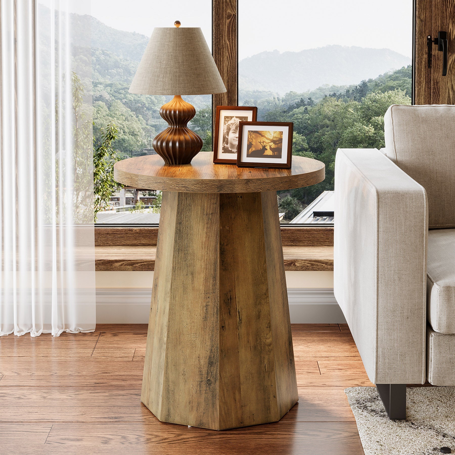 Round Wooden End Table with Octagonal Base - Modern Side Table for Couch, Living Room, Bedroom | Perfect for Coffee, Books & Decor