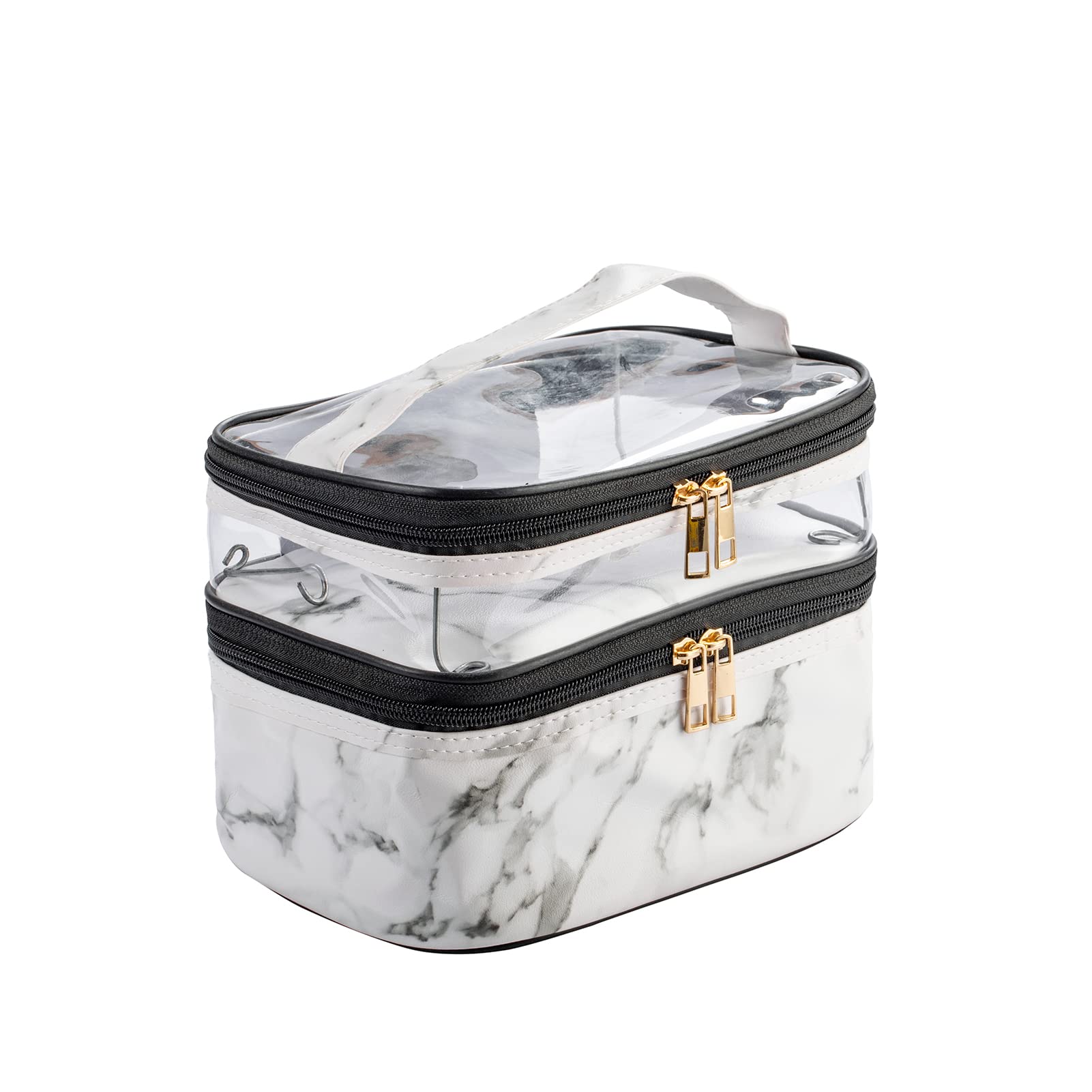 Newave Double Layer Makeup Bag for Women - Travel Cosmetic Organizer & Toiletry Case with Brush Holder - Waterproof Makeup Pouch for Travel, Gym, Work & Daily Use (White Marble Pattern)