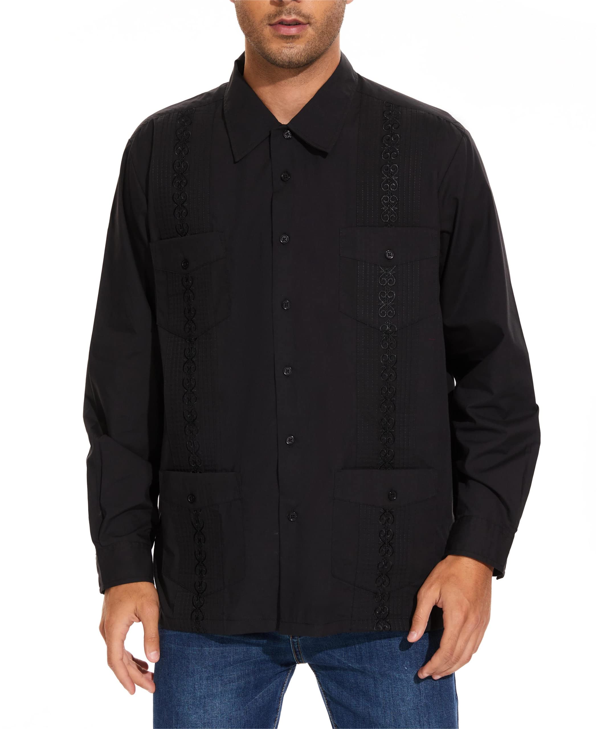 MAXJON Men's Long Sleeve Guayabera Shirts - Classic Cuban Style Casual Button Down Shirts for Men | Perfect for Beach Vacations, Summer Weddings & Tropical Parties