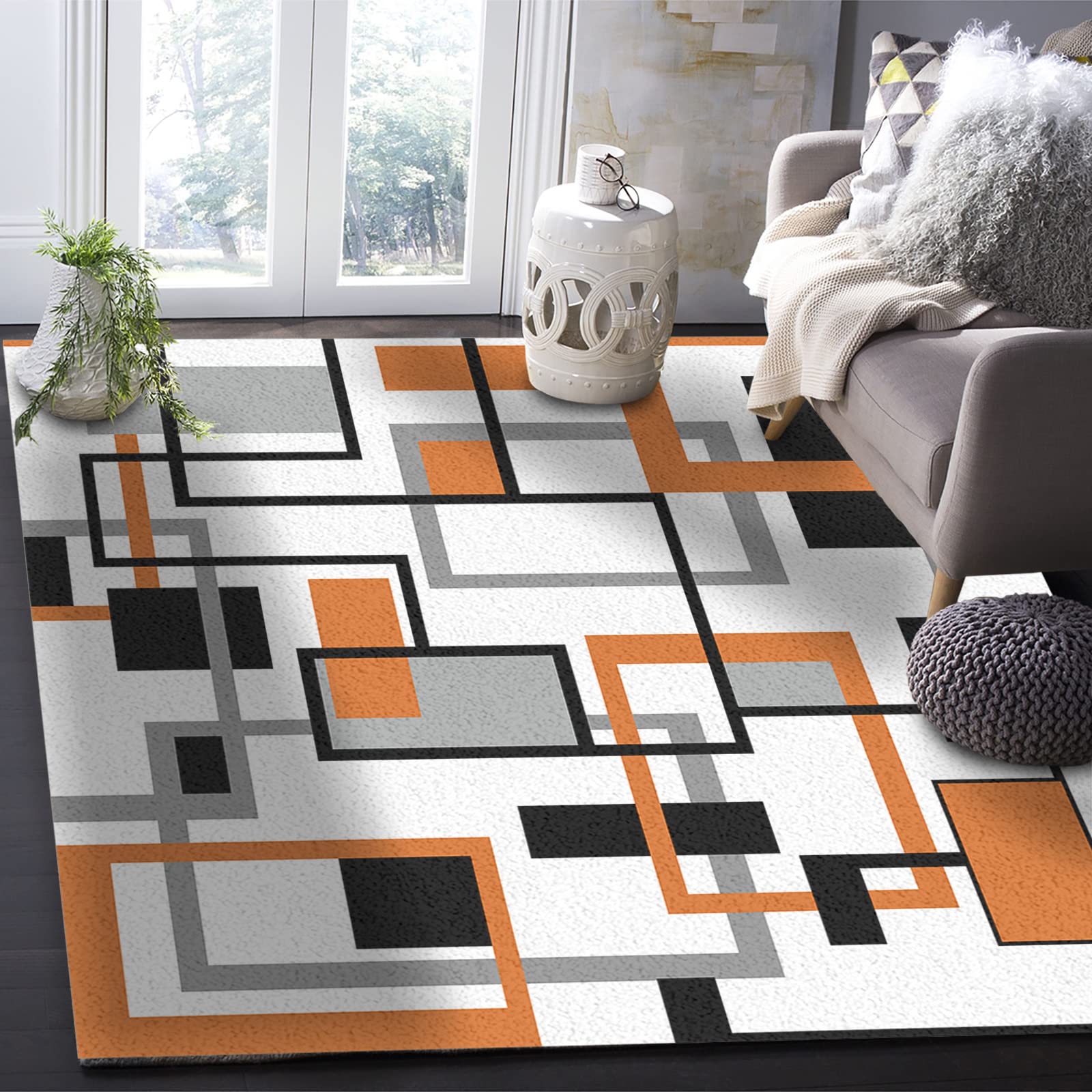 Orange Geometric Area Runner Rug 3'x5' - Washable Indoor Outdoor Carpet for Kitchen, Living Room, Bathroom, Bedroom | Retro Modern Abstract Mid-Century Design Floor Mat - Perfect for Entryway, Laundry Room & Classroom Decor