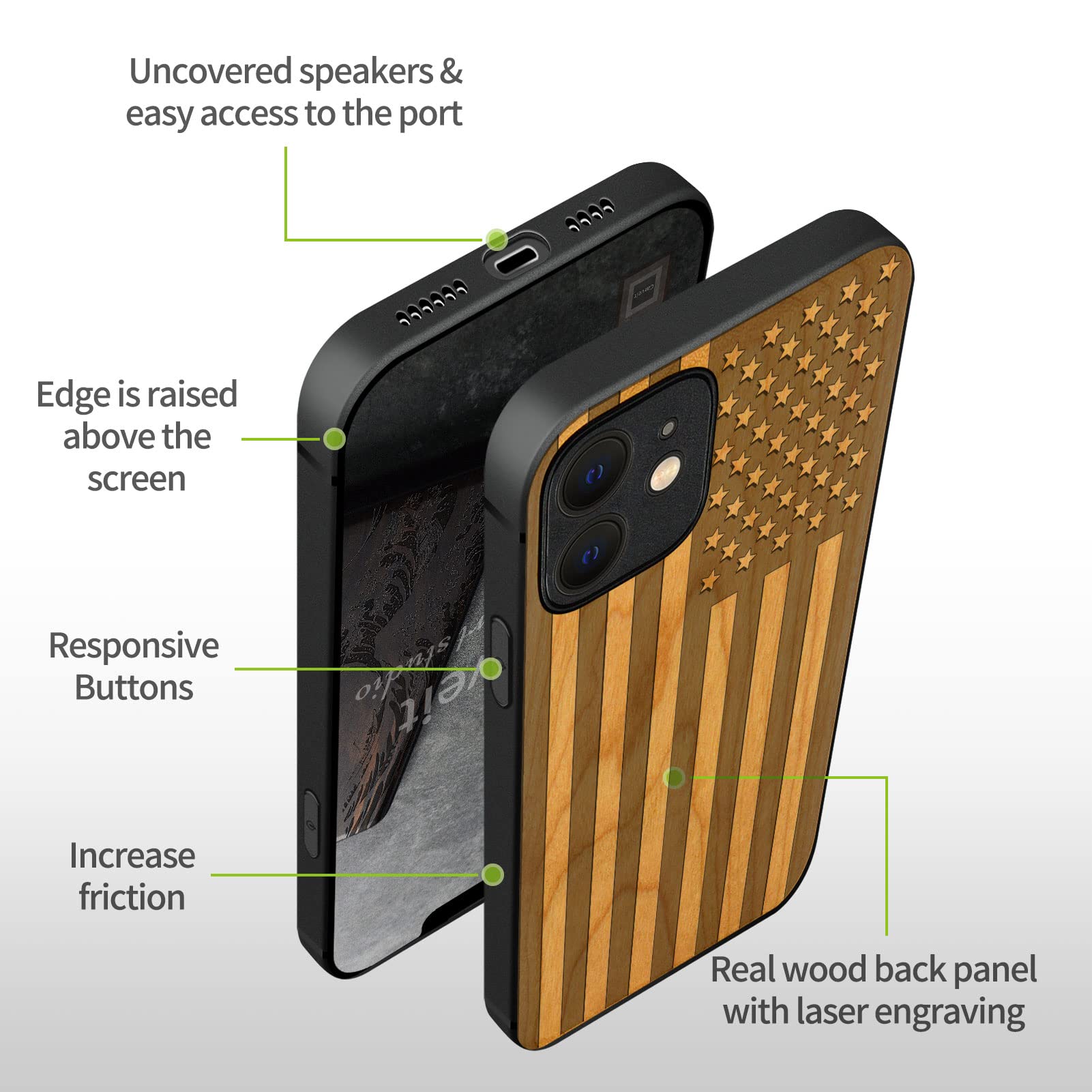Carveit Magnetic Wood Case for iPhone 12 - Natural Wood & Black TPU Shockproof Protective Cover with Magsafe Compatibility (American Flag Cherry Design) - Durable Wooden Phone Case for Everyday Use, Office & Outdoor Protection