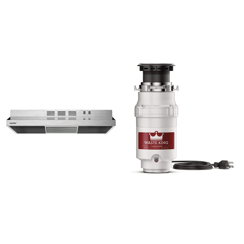 Comfee F13 30-Inch Stainless Steel Range Hood - Ducted/Ductless Kitchen Vent Hood with Waste King L-1001 1/2 HP Garbage Disposal & Power Cord - Perfect for Modern Kitchens & Home Renovations