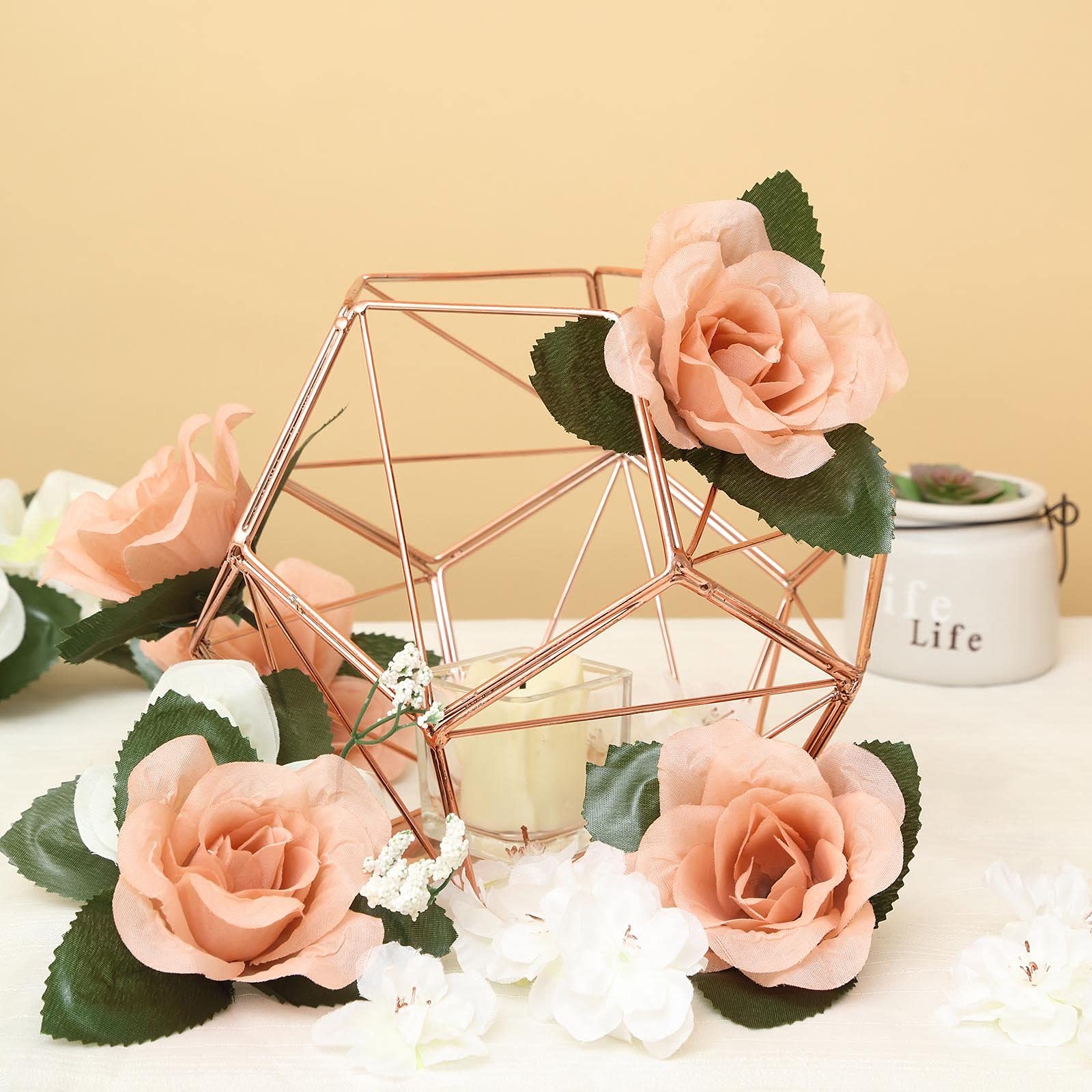 7-Inch Rose Gold Geometric Candle Holder Vase - Elegant Wedding Centerpiece, Party Decor, Home & Event Decoration Supplies - Perfect for Tablescapes, Bridal Showers & Romantic Ambiance