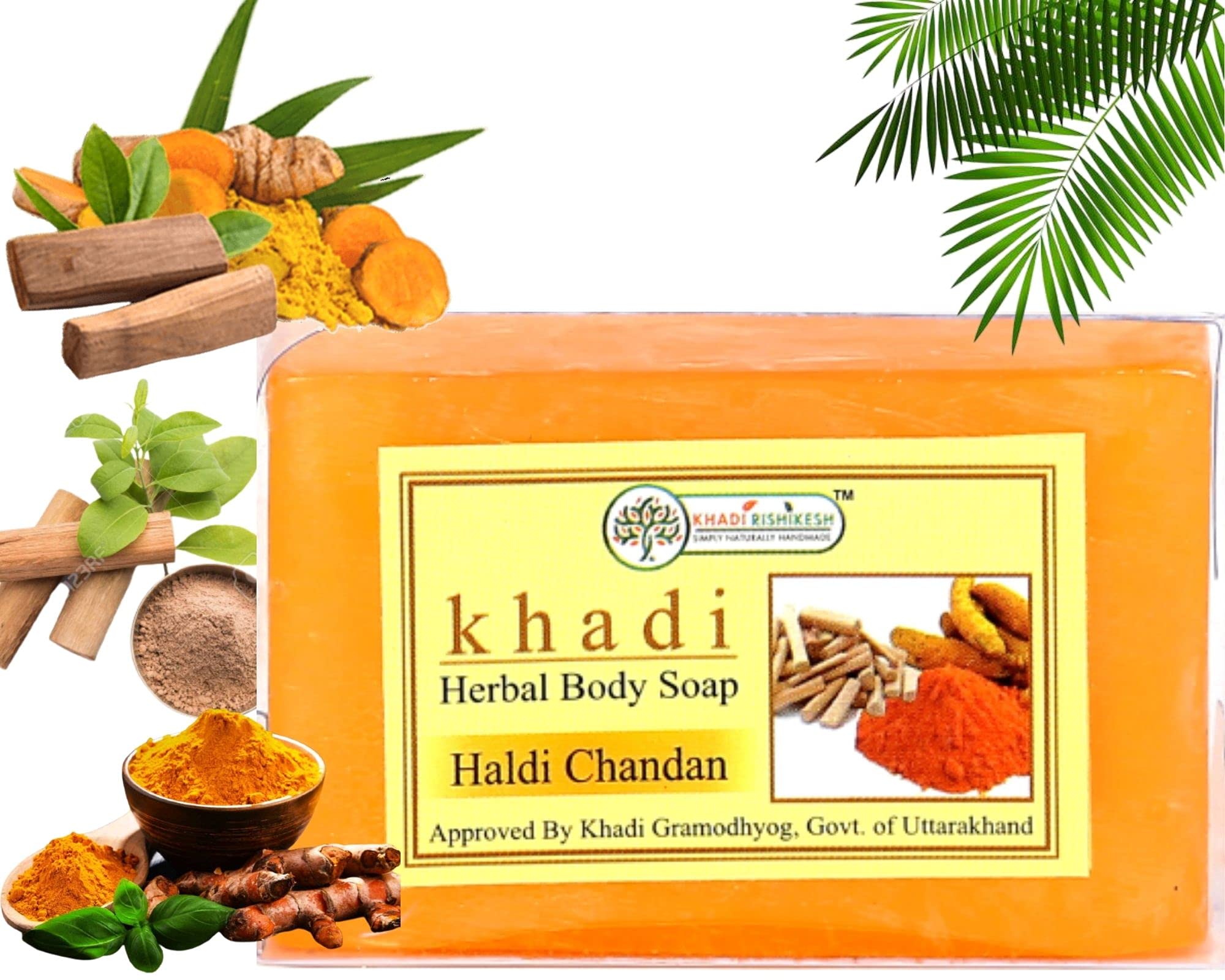 Khadi Rishikesh Herbal Handmade Turmeric Sandalwood Bath Soap - Skin Brightening, Tan Removal & Glow | Exfoliates Dead Cells, Fights Pimples | Youthful Complexion | 125g x 2 Bars with Free Bath Loofah Sponge | Perfect for Summer & Winter Skincare - Spa, Daily Shower & Gift
