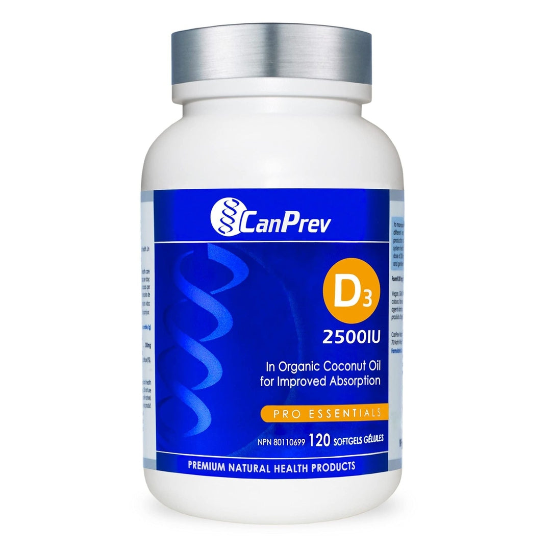 Canprev Vitamin D3 2,500 IU Softgels (120 Count) - MCT Oil Base for Better Absorption - Supports Bone Health & Immune System - Perfect for Daily Supplementation at Home or Travel