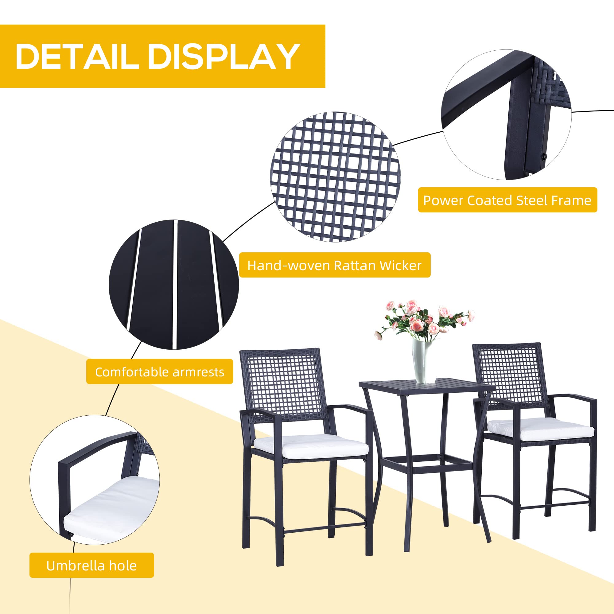 Outsunny 3-Piece Patio Bar Set with Soft Cushions - Rattan Wicker Outdoor Furniture for Backyard, Lawn, Deck & Poolside - Perfect for Entertaining, Lounging & Outdoor Dining