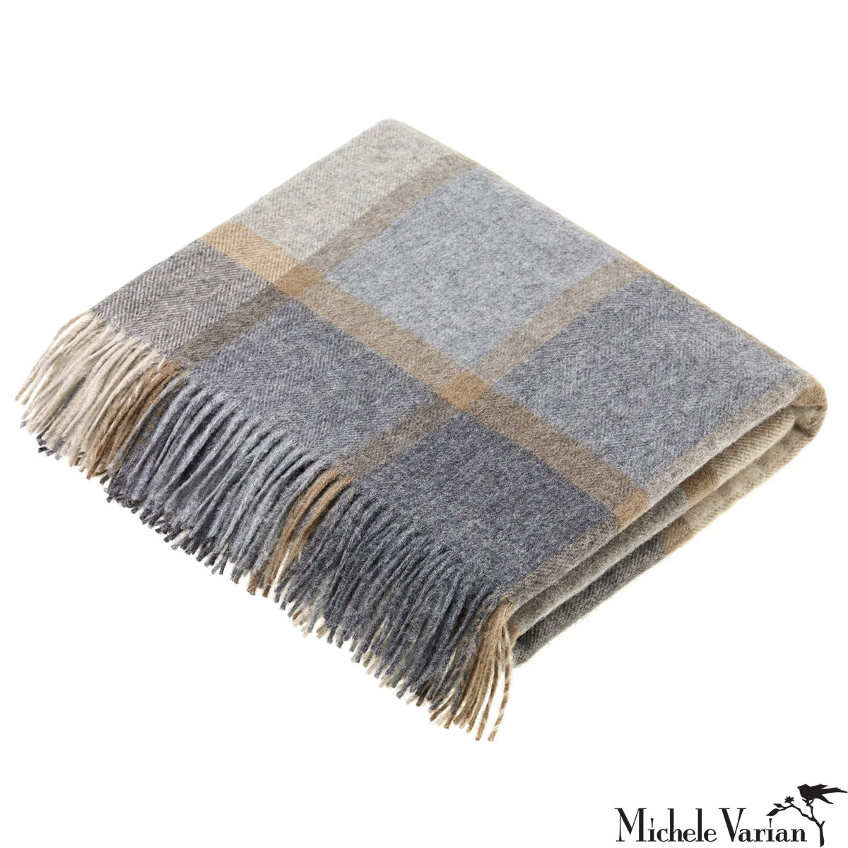 Luxury Merino Wool Throw Blanket - Soft Beige & Gray Block Windowpane Pattern - Cozy Winter Blanket for Sofa, Bed & Travel - Perfect Gift for Home Decor