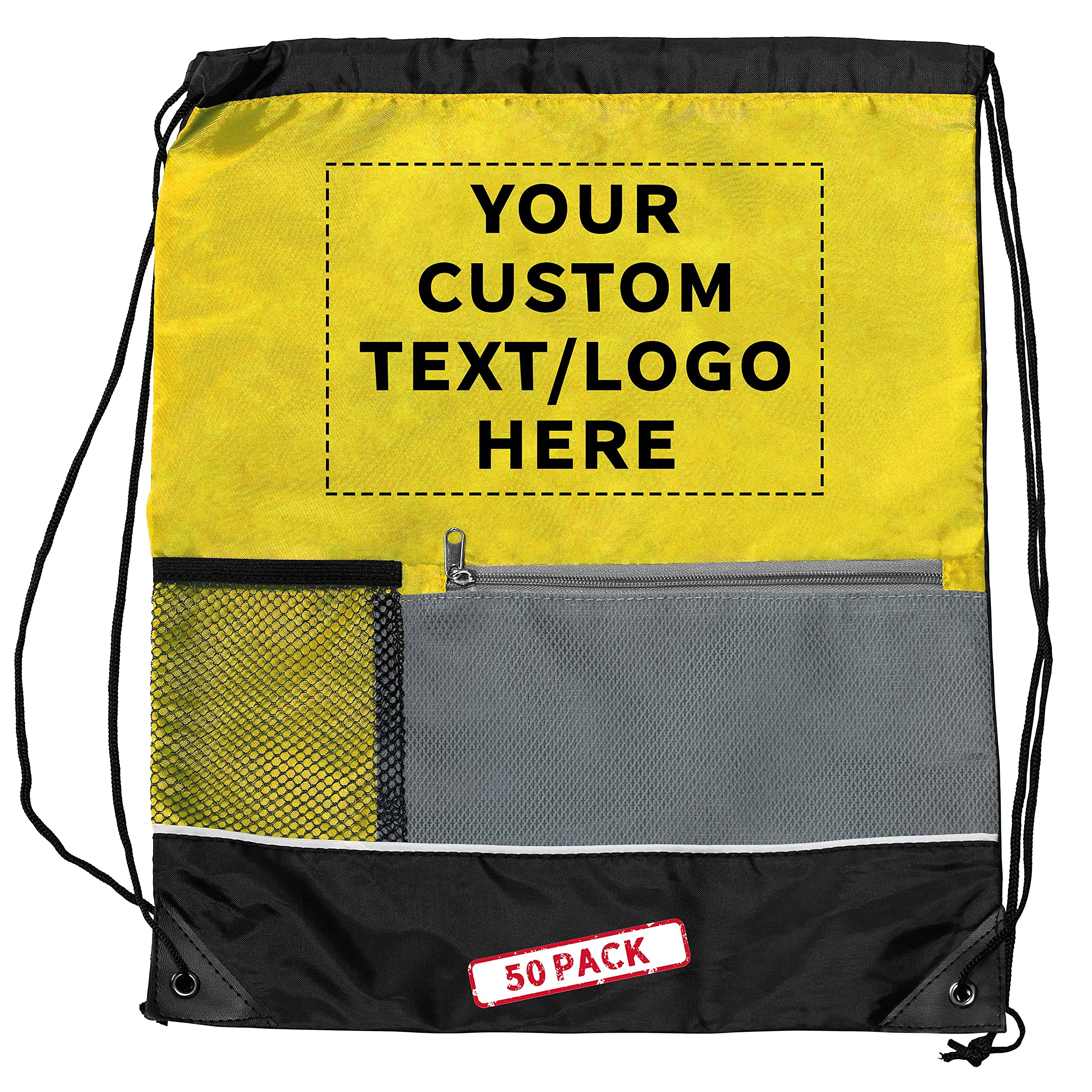 Custom Front Pocket Drawstring Backpacks - Bulk Set of 50, Personalized Reusable Lightweight Sports Bags for Promotional Events, School, Gym & Travel - Yellow Backpack with Drawstring Closure