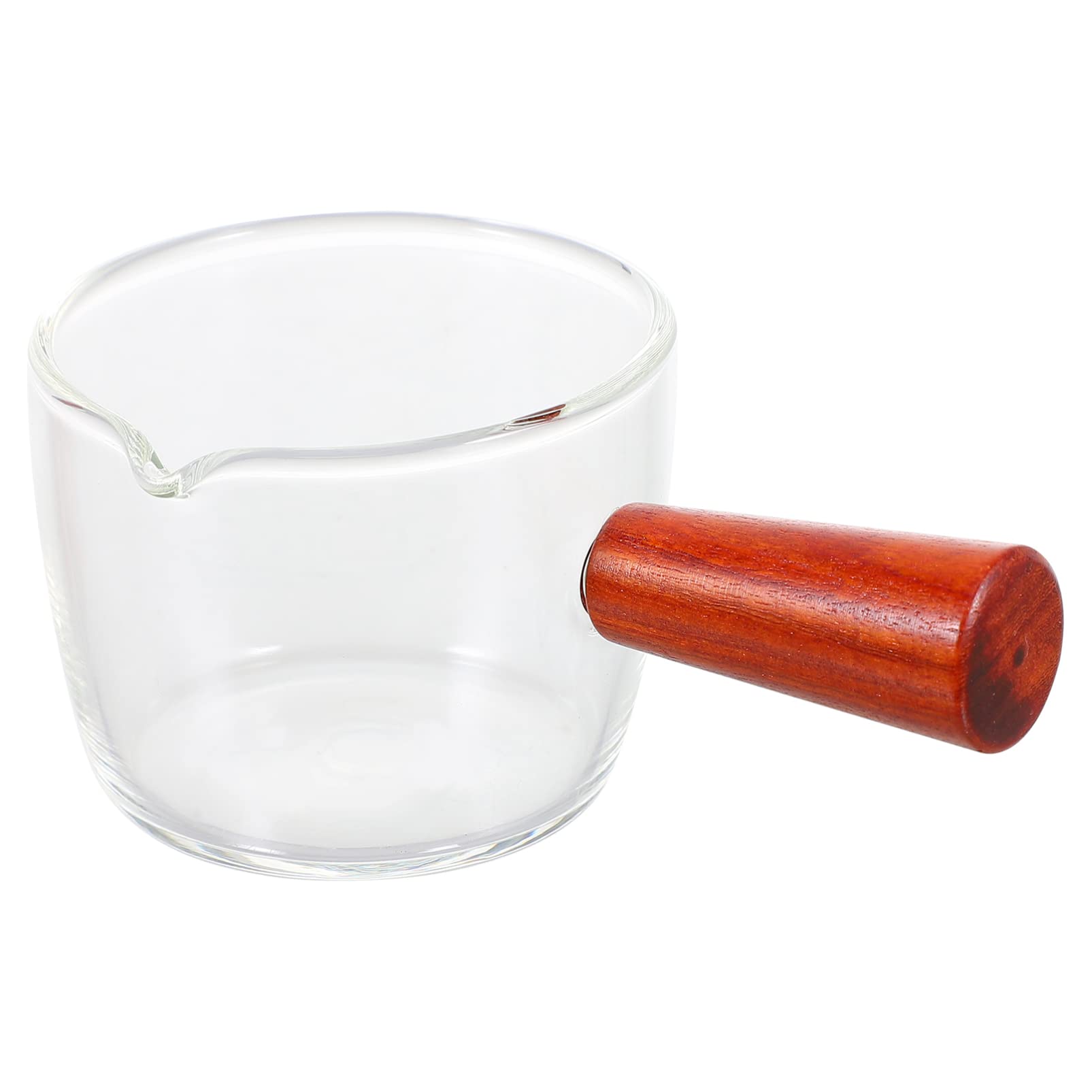 Premium Glass Creamer with Wooden Handle - Crystal Clear Mini Coffee & Milk Pitcher - Elegant Kitchen Creamer Jug for Coffee Shops, Breakfast Tables & Home Use