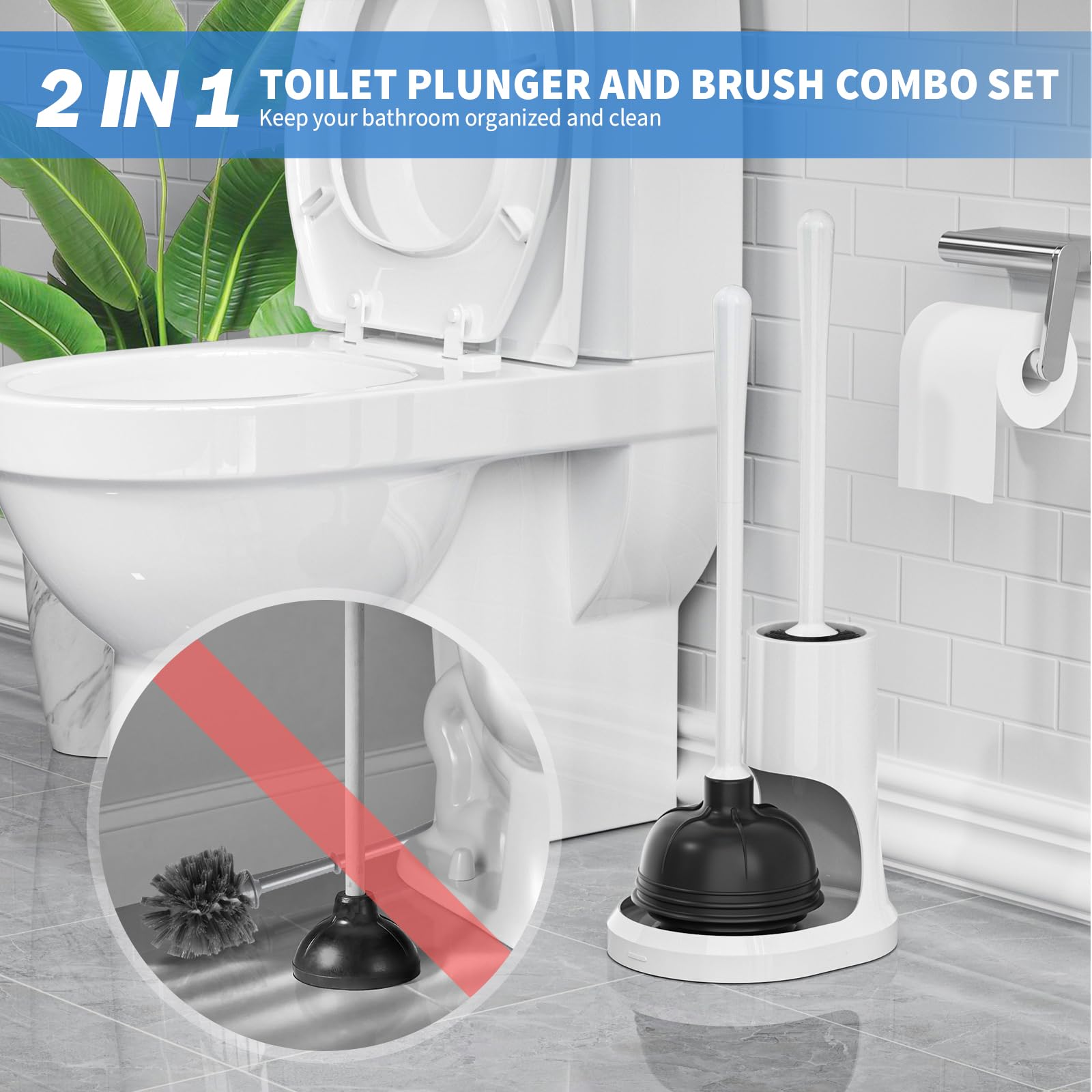 Uptronic 2-in-1 Toilet Plunger and Brush Set with Holder - Heavy Duty Bathroom Cleaning Combo with Modern Caddy Stand (White, 2 Pack) - Perfect for Toilet Cleaning, Bathroom Maintenance & Home Hygiene