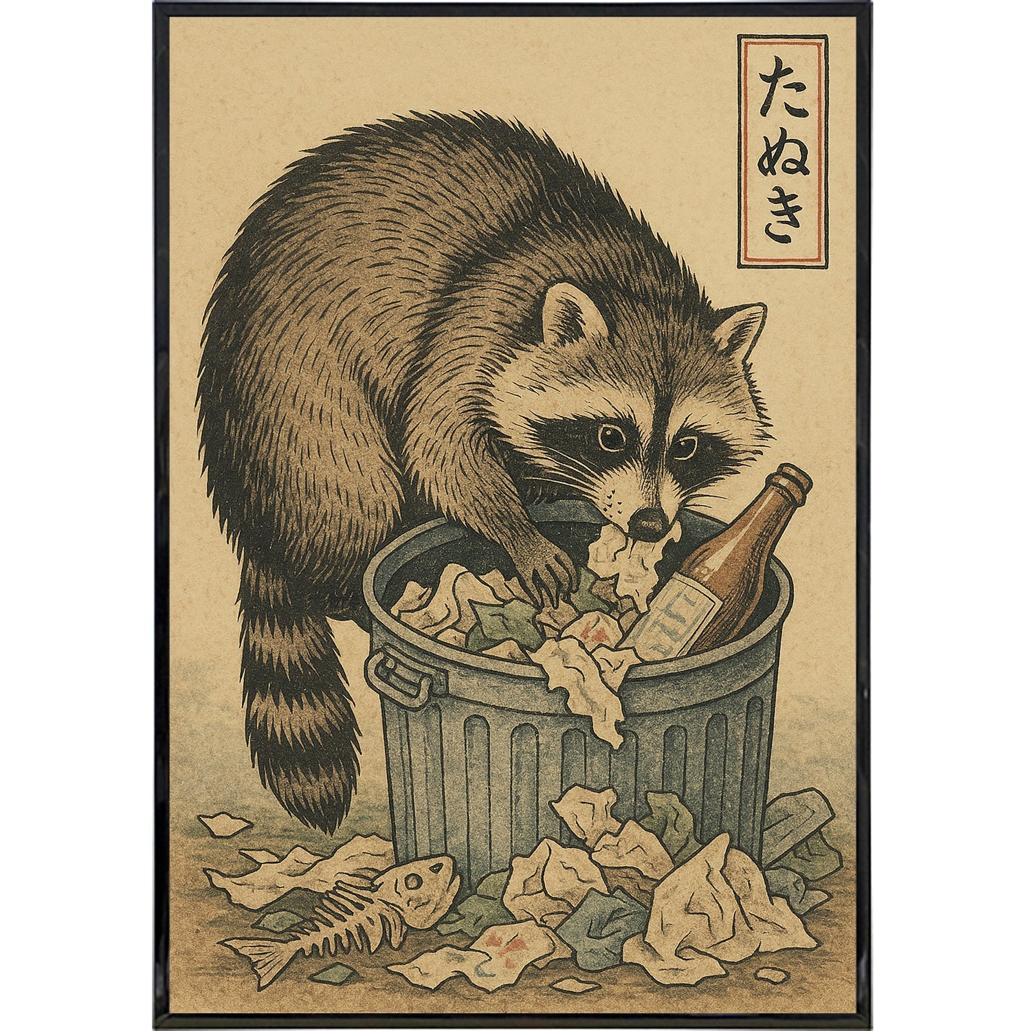 Trash Panda Japanese Ukiyo-e Original Poster Print - Vintage Asian Art Wall Decor for Home, Office & Gift Giving