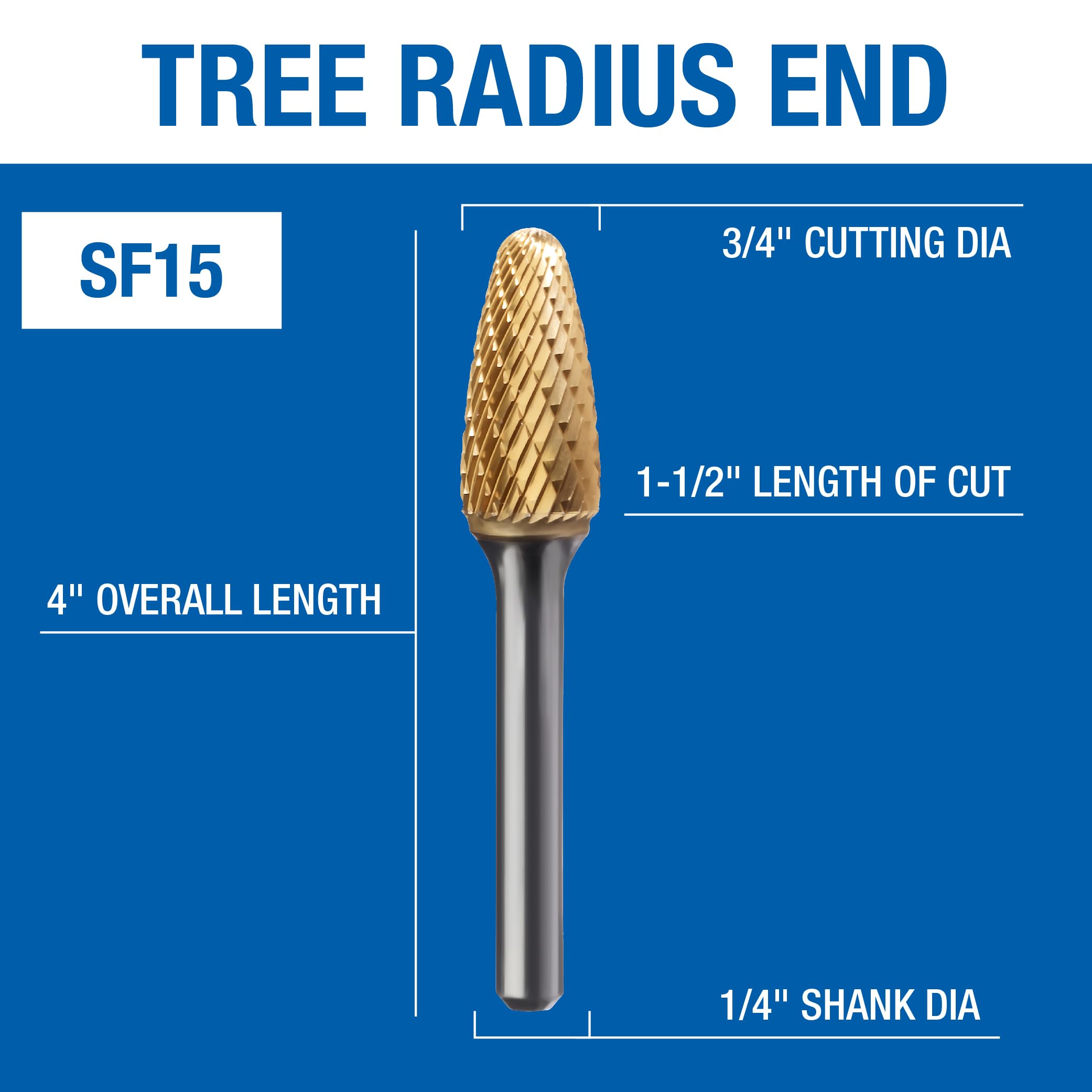 Champion SF15 Double Cut TiN Coated Carbide Burr - High Speed Rotary File for Metal, Wood, Plastic - Perfect for DIY, Automotive, and Metalworking Projects
