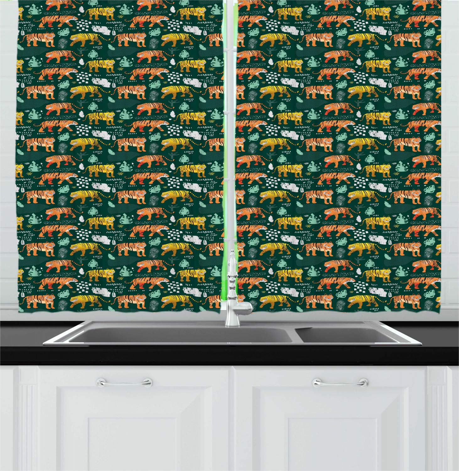 Ambesonne Tiger Print Kitchen Curtains - Wildlife Jungle Animal Design, 2 Panel Set for Windows, 55