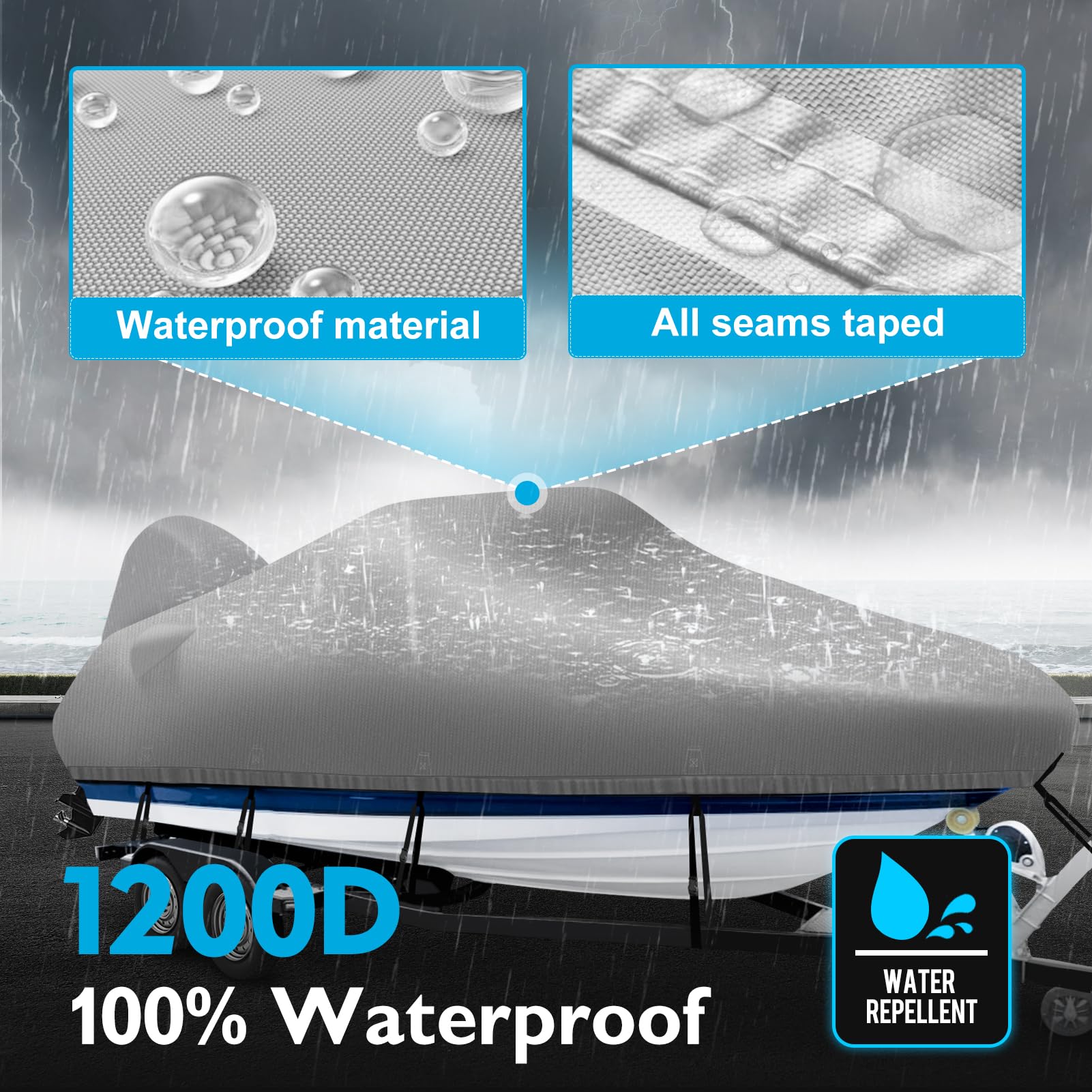Heavy Duty 1200D Waterproof Boat Cover for 20-22 ft Bass Tracker Boats with Motor Cover - Gray | All-Weather Protection for Outdoor Storage & Mooring