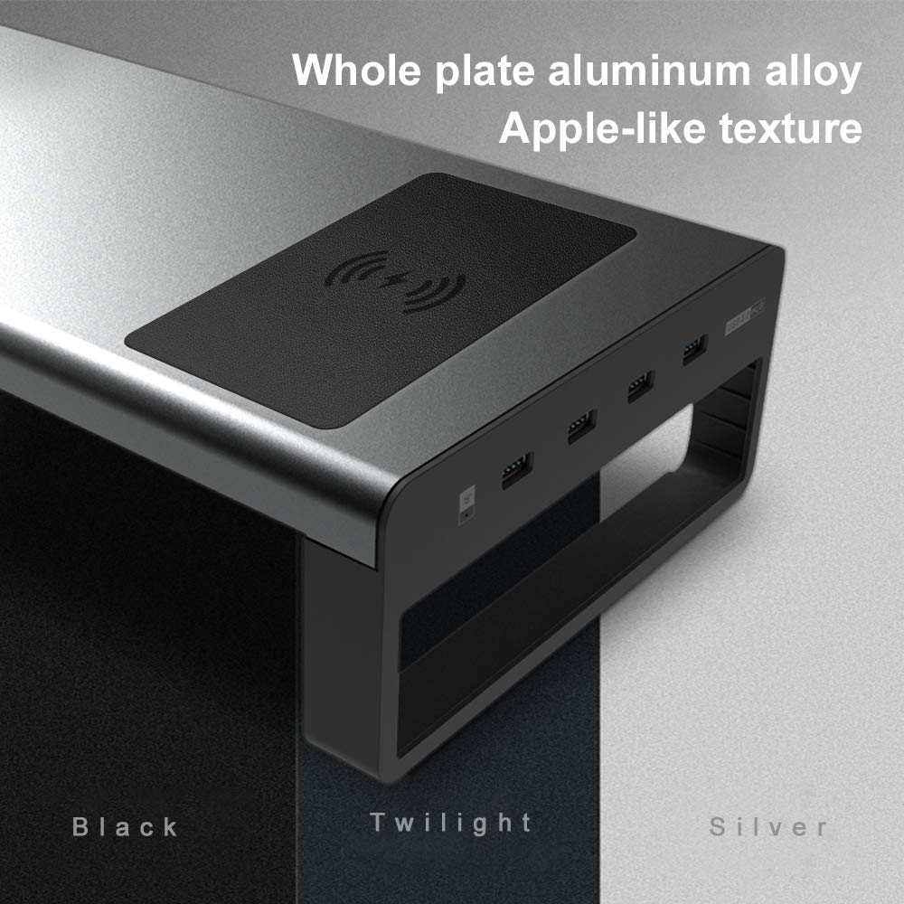 Wireless Charging Monitor Stand - Aluminum Alloy Desktop Riser with USB Port for Computer, Laptop, PC | Ergonomic Workspace Organizer for Office & Home Use (Silver)
