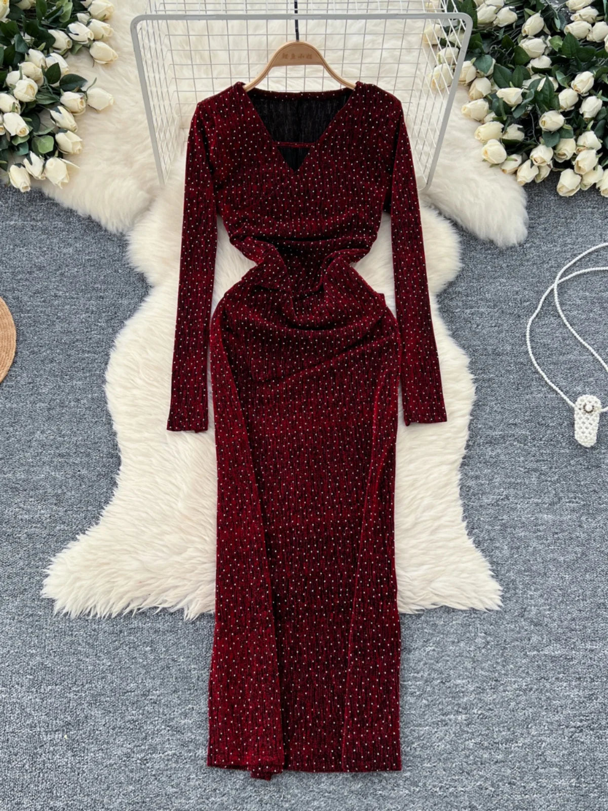 2024 Autumn Women's Fashion Elegant V-Neck Long Sleeve Slim Evening Dress - Black/Red Diamonds & Gold Hollow Out Design | Perfect for Parties, Weddings & Formal Events