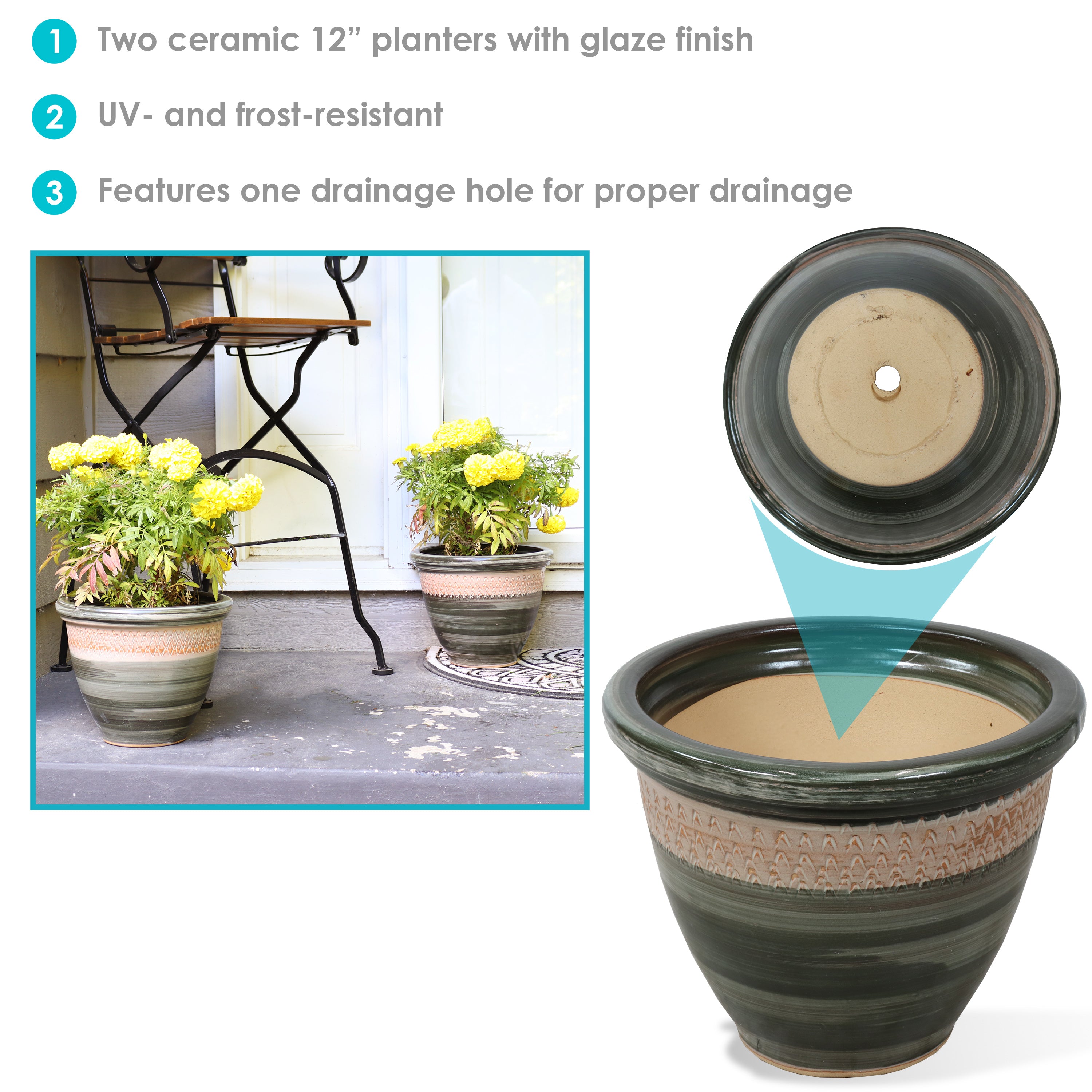 Sunnydaze Set of 2 Indoor/Outdoor Ceramic Planters - 12 Inch Decorative Flower Pots for Home, Garden, Patio & Balcony Decor