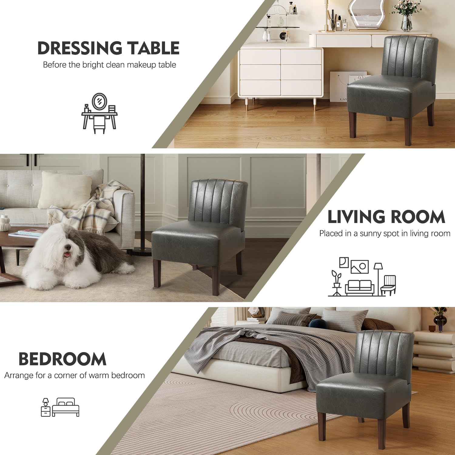 2 Armless Accent Chairs Set - Upholstered Dining & Living Room Chairs with Solid Wood Legs - Modern Bedroom, Vanity & Kitchen Seating - Soft Leather Reading Chairs in Grey - Perfect for Small Spaces, Home Office & Cozy Corners