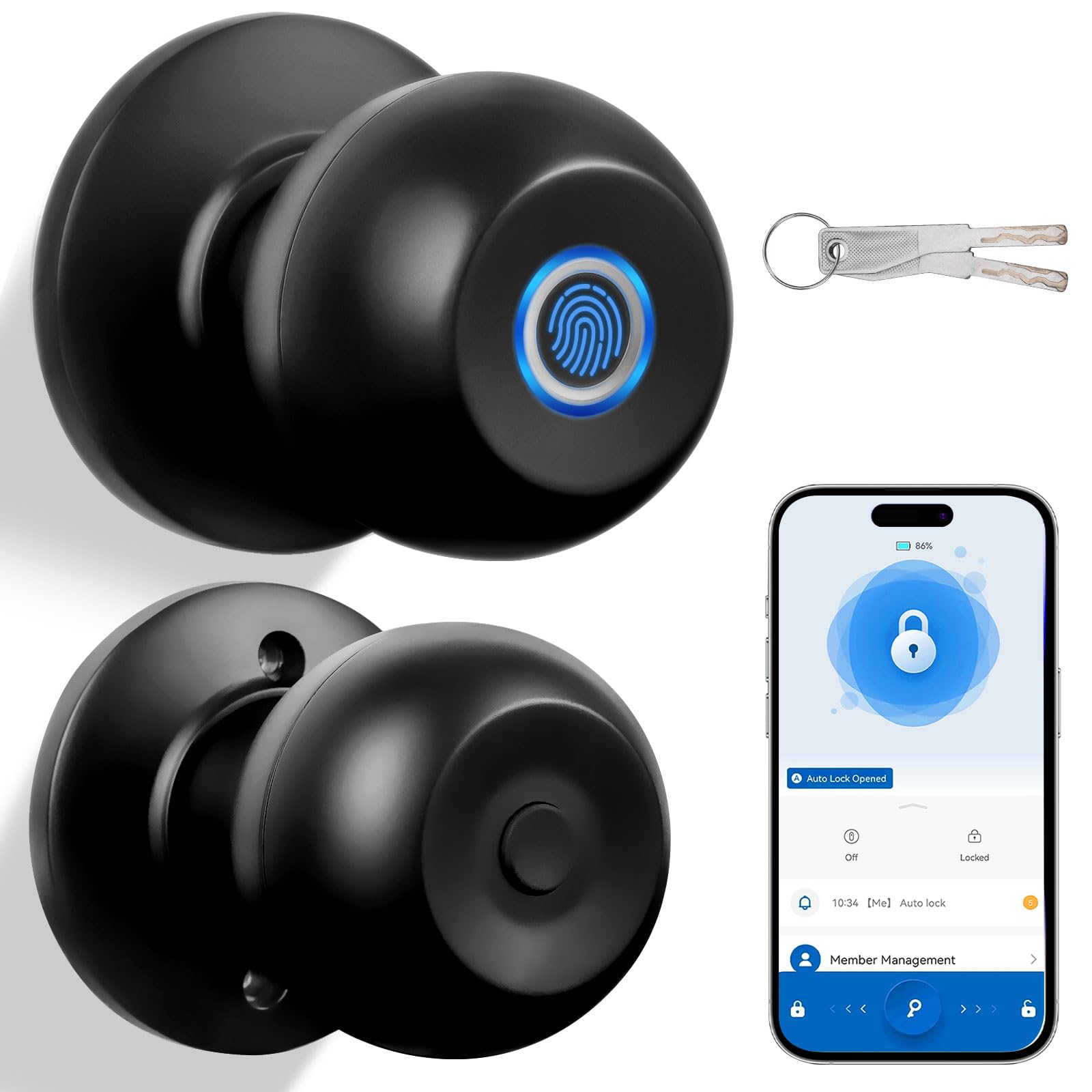 Smart Keyless Entry Door Lock - Fingerprint & Bluetooth App Control, Auto-Locking Biometric Door Handle with Key Backup - Secure Smart Lock for Front Door, Bedroom, Apartment & Vacation Homes (Easy Installation & Remote Access)