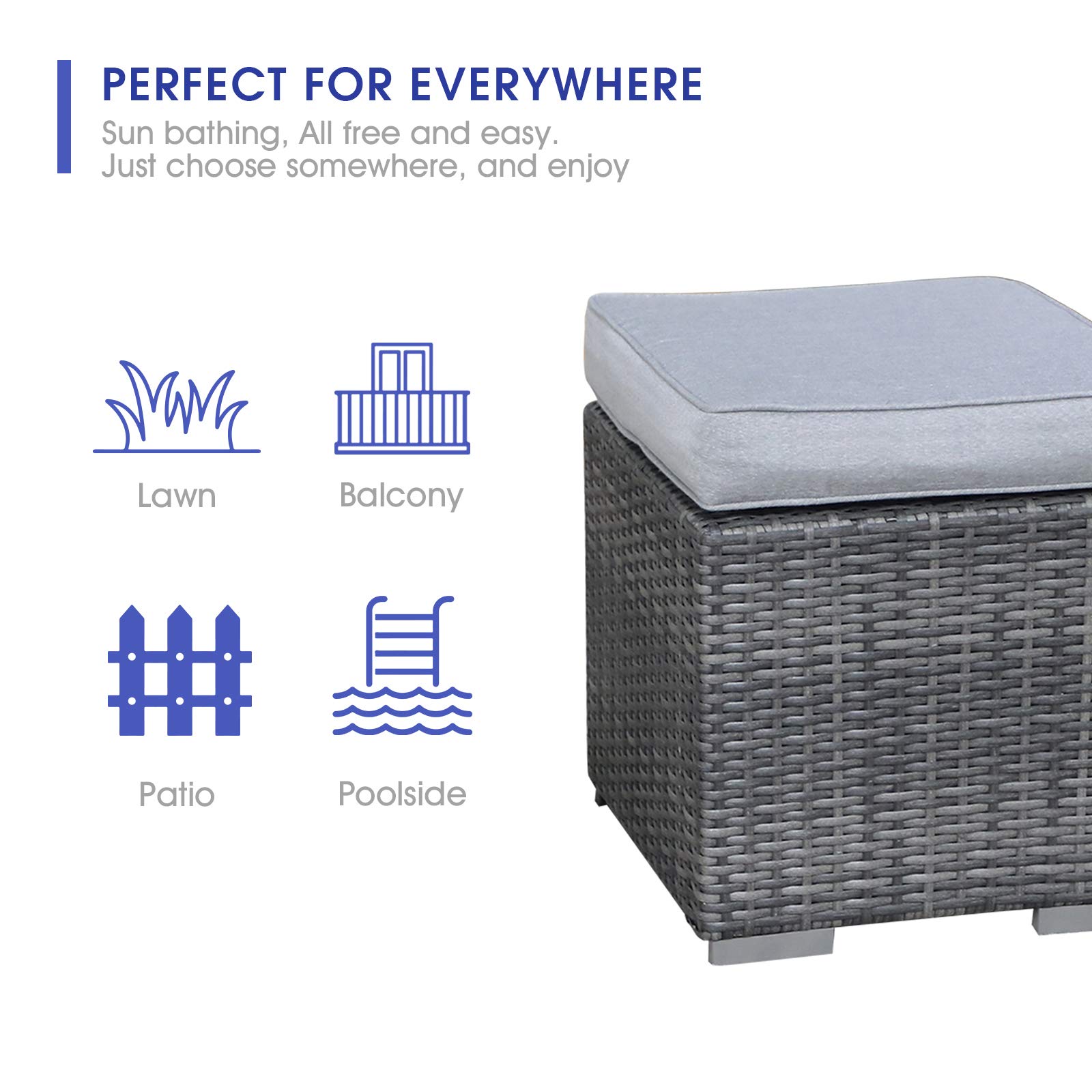 Patiorama 2-Piece Outdoor Patio Ottoman Set - All-Weather Grey Wicker Rattan Footstool with Light Grey Cushions - Indoor/Outdoor Use - No Assembly Required - Perfect for Poolside, Deck, Porch & Living Room Relaxation