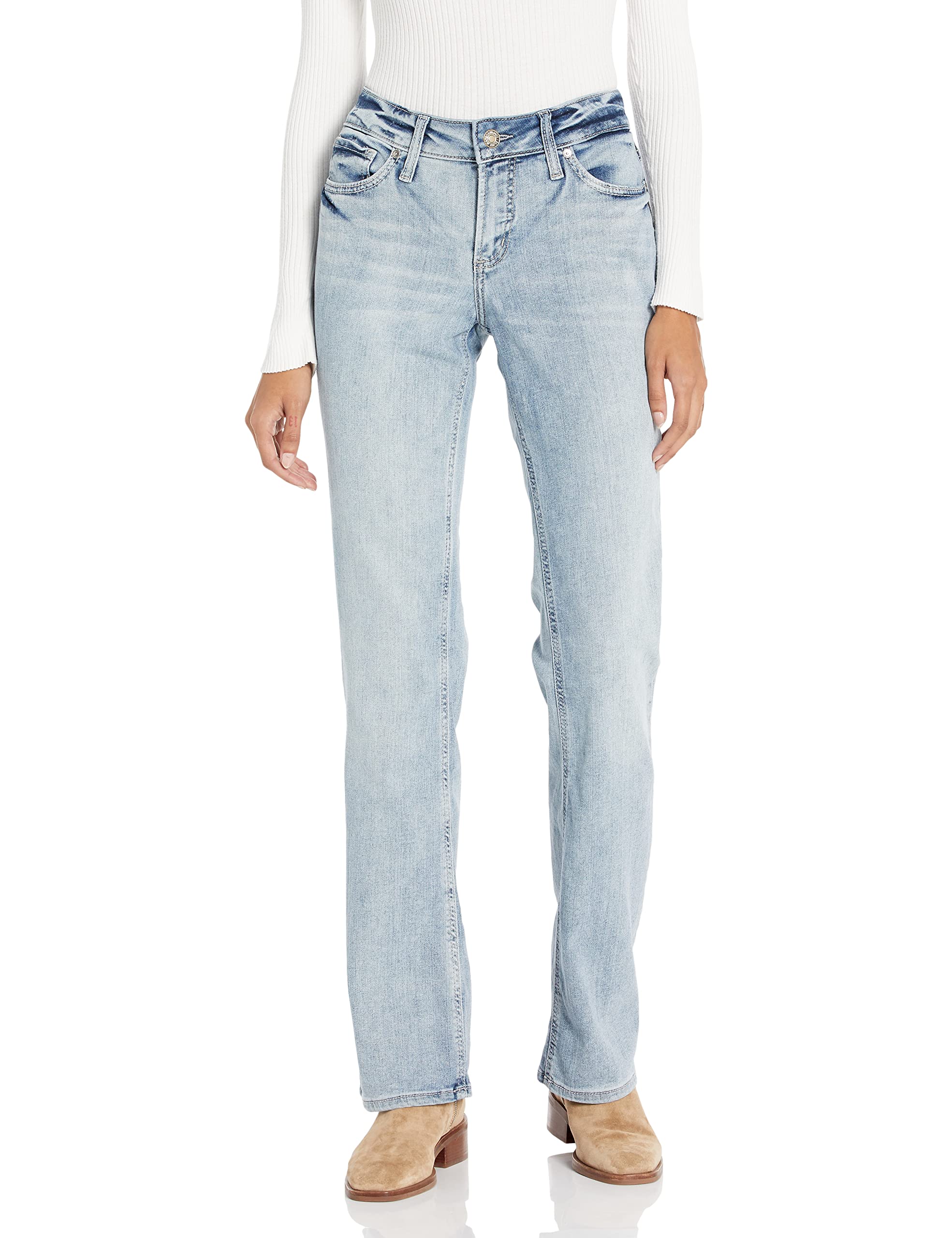 Silver Jeans Co. Women's Elyse Mid Rise Slim Bootcut Jeans - Comfortable Stretch Denim Pants for Casual Wear & Night Out
