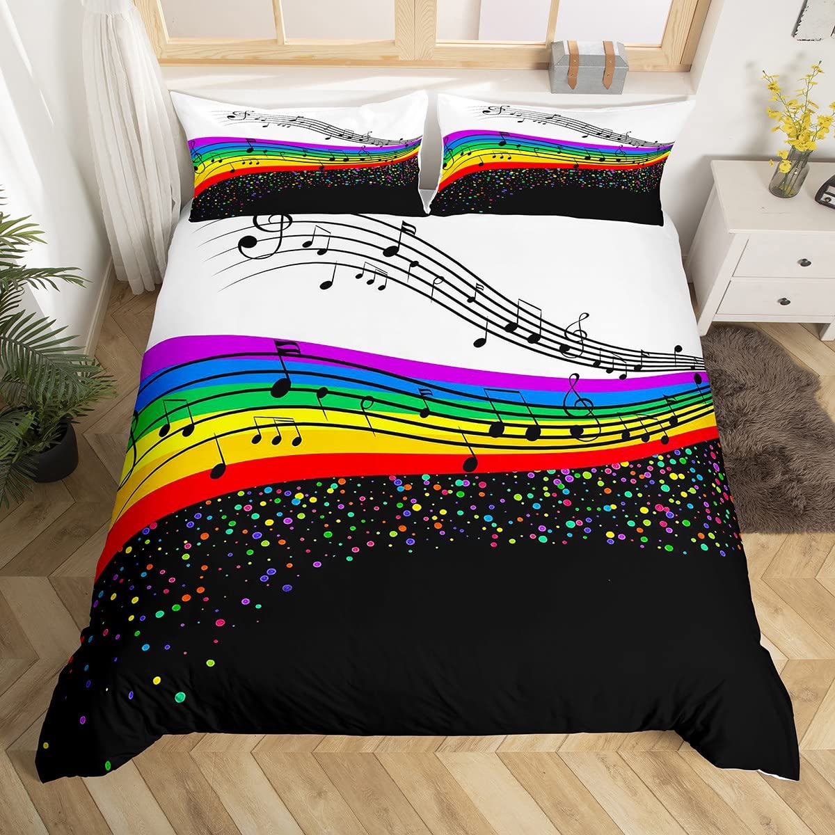 Erosebridal Music Themed Bedding Set - Colorful Dots & Musical Notes Duvet Cover, Rainbow Striped Quilt Cover with Watercolor Design - Twin Size Black & White Comforter for Stylish Bedroom Decor | Perfect for Music Lovers' Rooms, Teen Bedrooms & Bohemian Home Decor