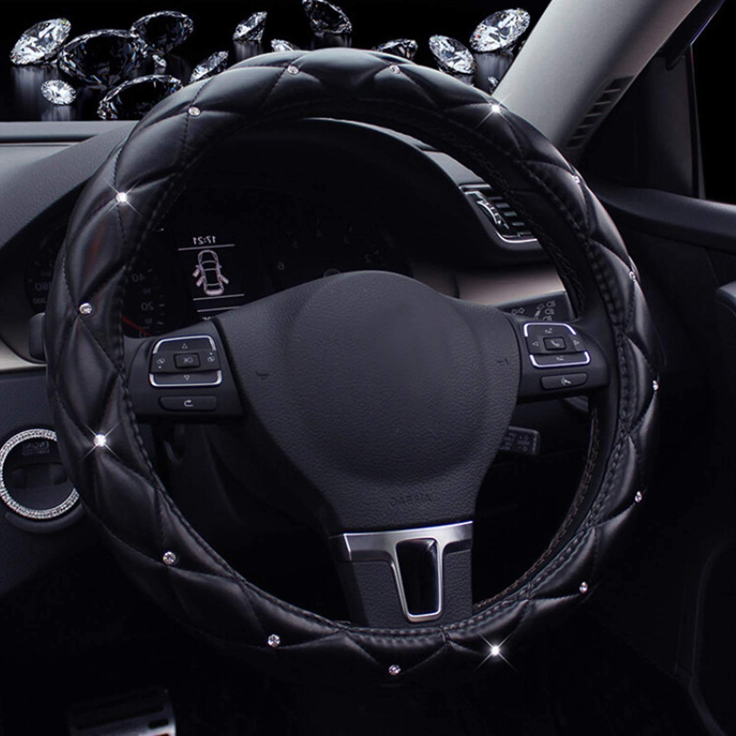 Luxury PU Leather Steering Wheel Cover with Bling Crystal Crown - Universal Fit 15