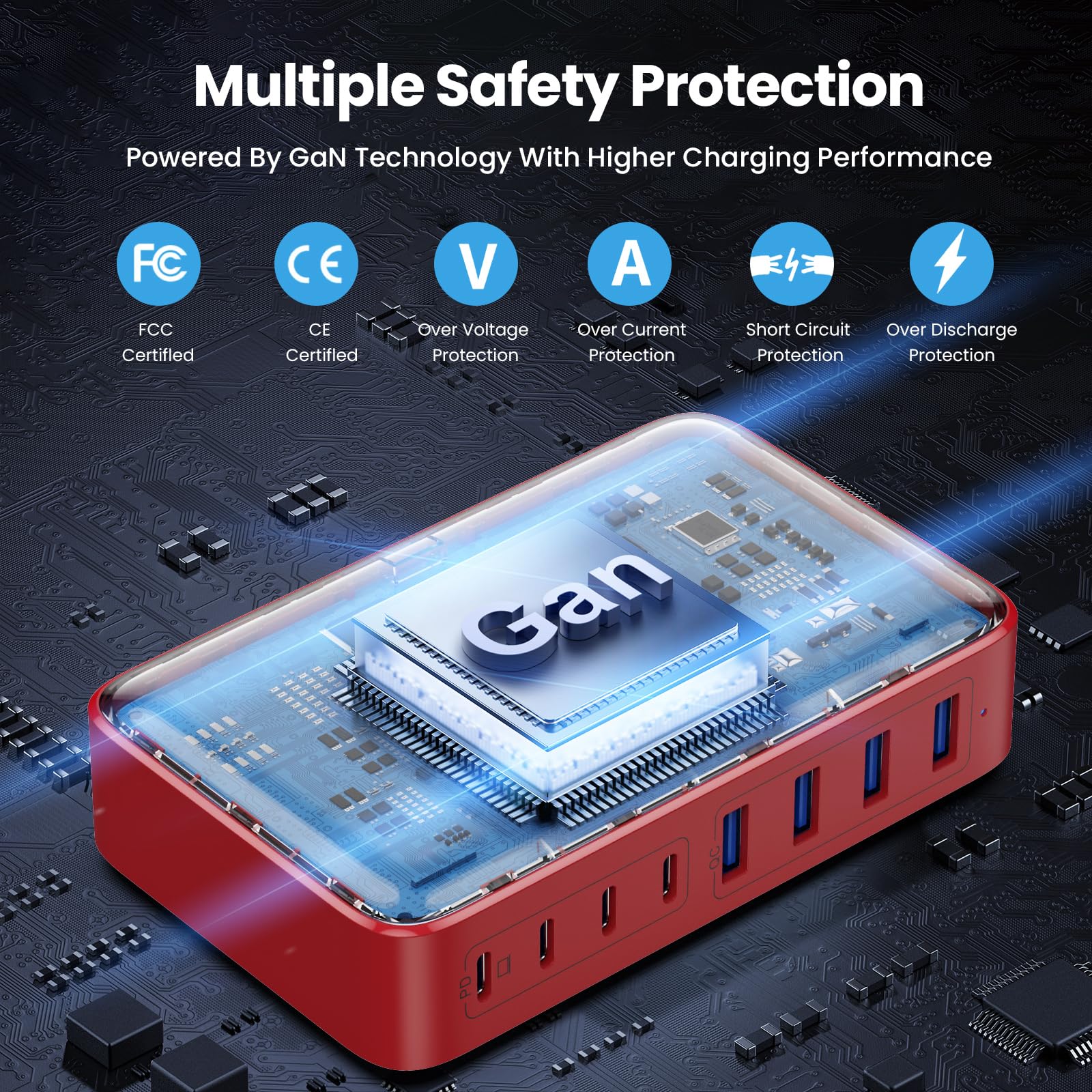 200W USB C Charger Block - GaN III 8-Port Fast Charging Station with PD 65W | Compatible with MacBook Pro/Air, Dell, Steam Deck, iPhone 15/14/13 | Perfect for Home, Office & Travel (Red)