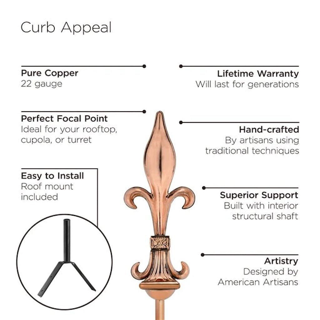 Good Directions Fleur De Lis Pure Copper Rooftop Finial with Weatherproof Roof Mount - Elegant Victorian-Style Decorative Topper for House, Barn & Gazebo Roofs