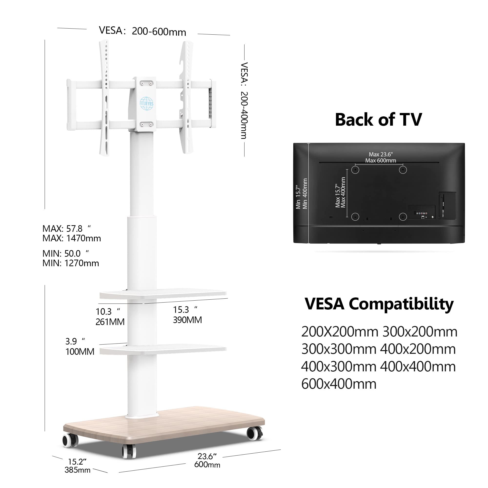 FITUEYES Mobile TV Stand with Wheels for 32-65 Inch Flat Screen TVs - Adjustable Height Swivel TV Cart for Living Room, Bedroom, Office, Dorm | Easy Rolling TV Stand for Corner Spaces & Small Rooms (White)
